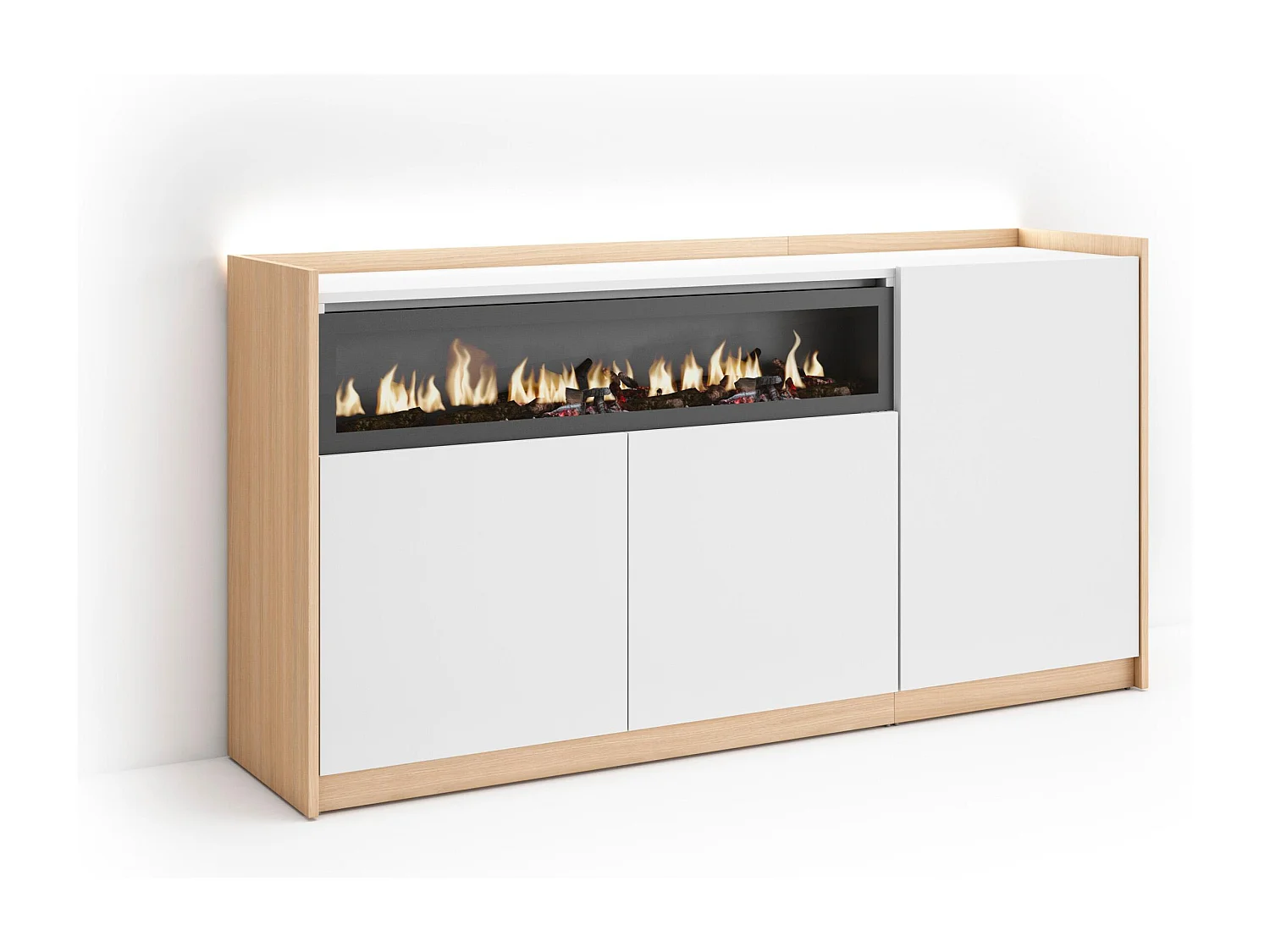 Credenza, Mobile, Cucina, 156x80x37 cm, 3 Porte, Camino elettrico, LED, Bianco e Rovere soft