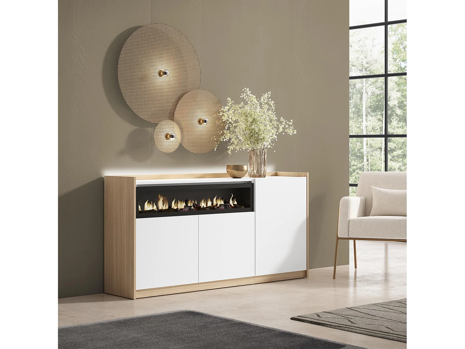 Credenza, Mobile, Cucina, 156x80x37 cm, 3 Porte, Camino elettrico, LED, Bianco e Rovere soft