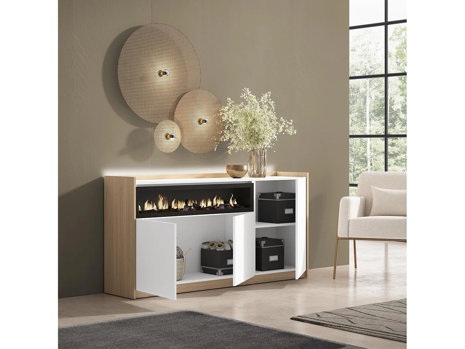 Credenza, Mobile, Cucina, 156x80x37 cm, 3 Porte, Camino elettrico, LED, Bianco e Rovere soft