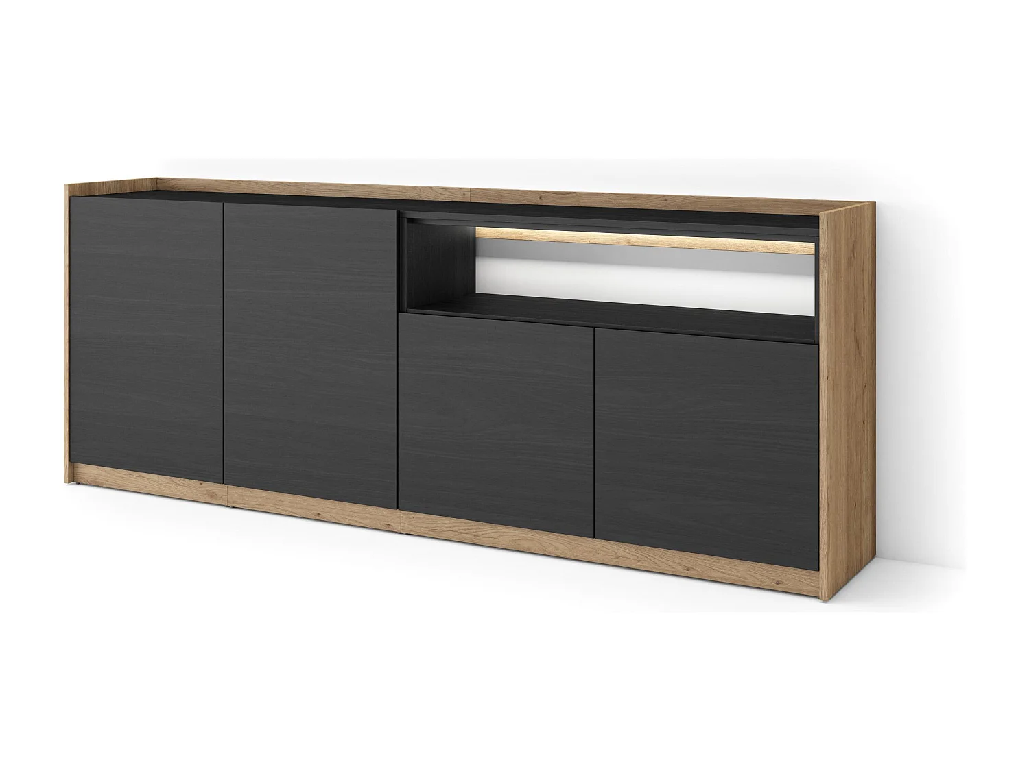 Credenza, Mobile, Cucina, 207x80x37 cm, 4 Porte, LED, Nero e rovere