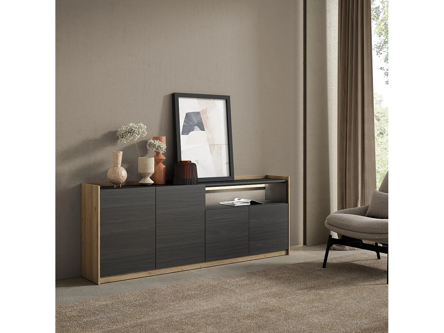 Credenza, Mobile, Cucina, 207x80x37 cm, 4 Porte, LED, Nero e rovere