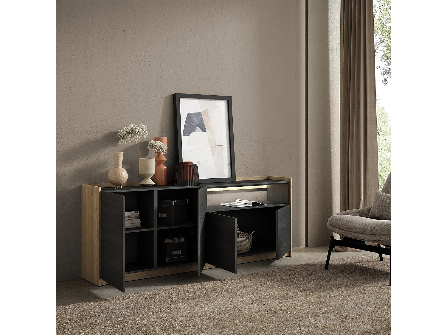 Credenza, Mobile, Cucina, 207x80x37 cm, 4 Porte, LED, Nero e rovere