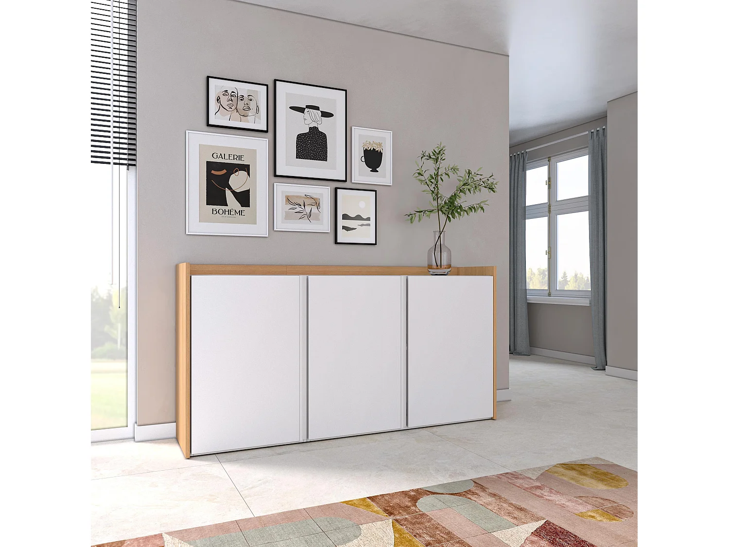 Aparador sala de jantar, 156x80x35 cm, 3 Portas, Armário arrumação, Branco e Carvalho soft