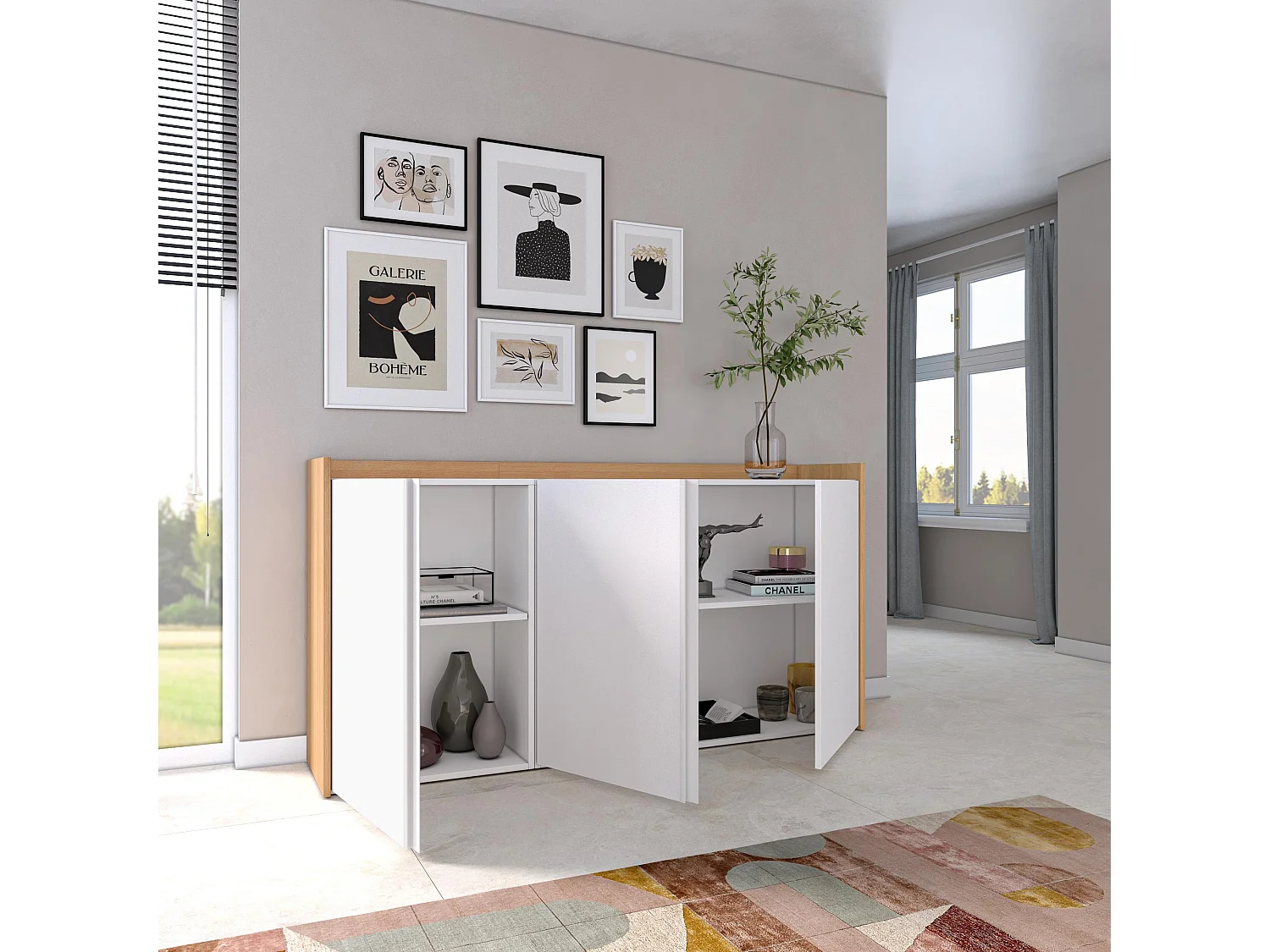 Aparador sala de jantar, 156x80x35 cm, 3 Portas, Armário arrumação, Branco e Carvalho soft