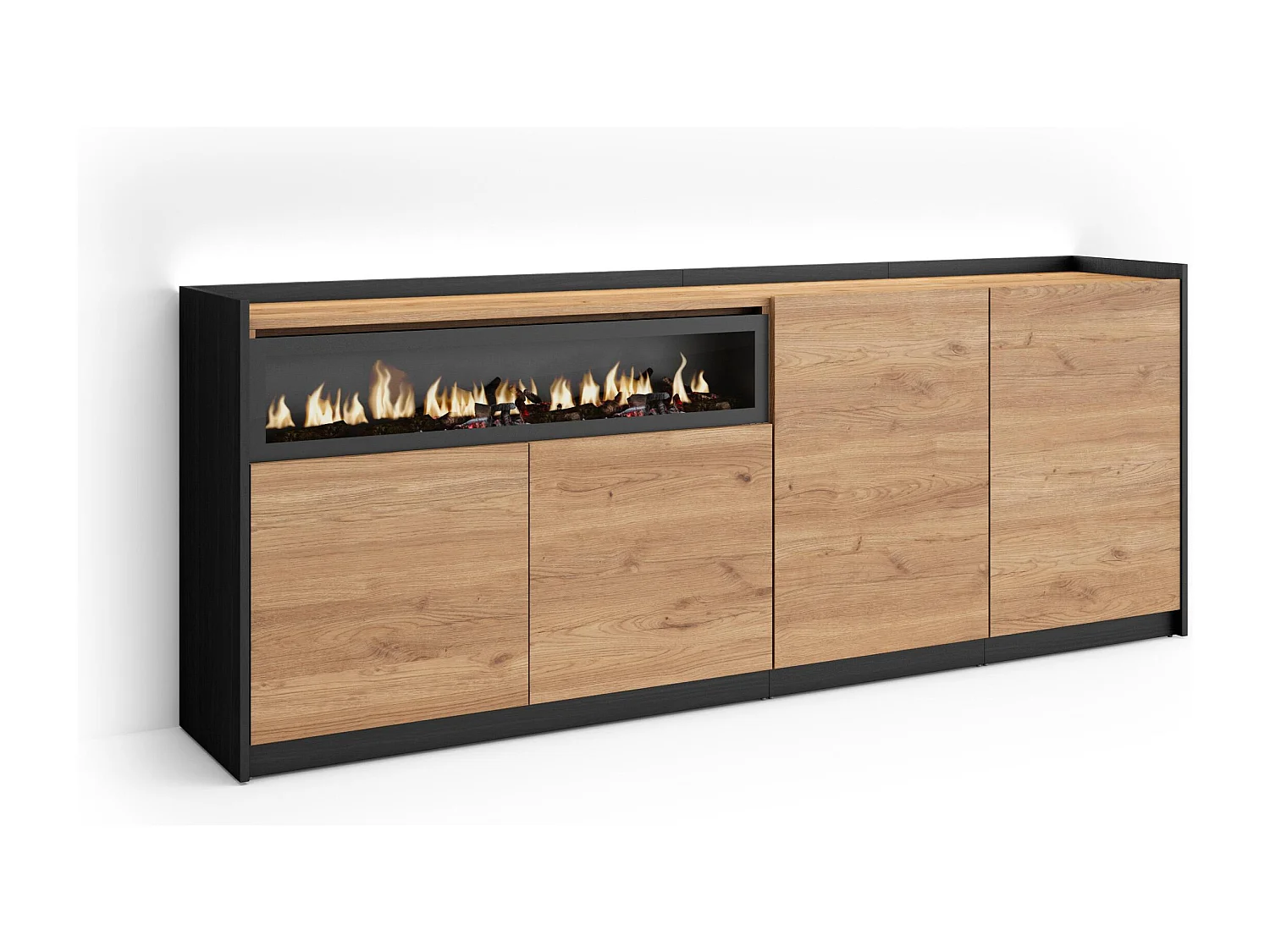 Credenza, Mobile, Cucina, 207x80x37 cm, 4 Porte, Camino elettrico, LED, Rovere e nero