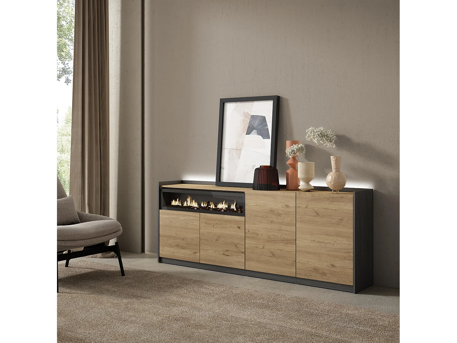 Credenza, Mobile, Cucina, 207x80x37 cm, 4 Porte, Camino elettrico, LED, Rovere e nero