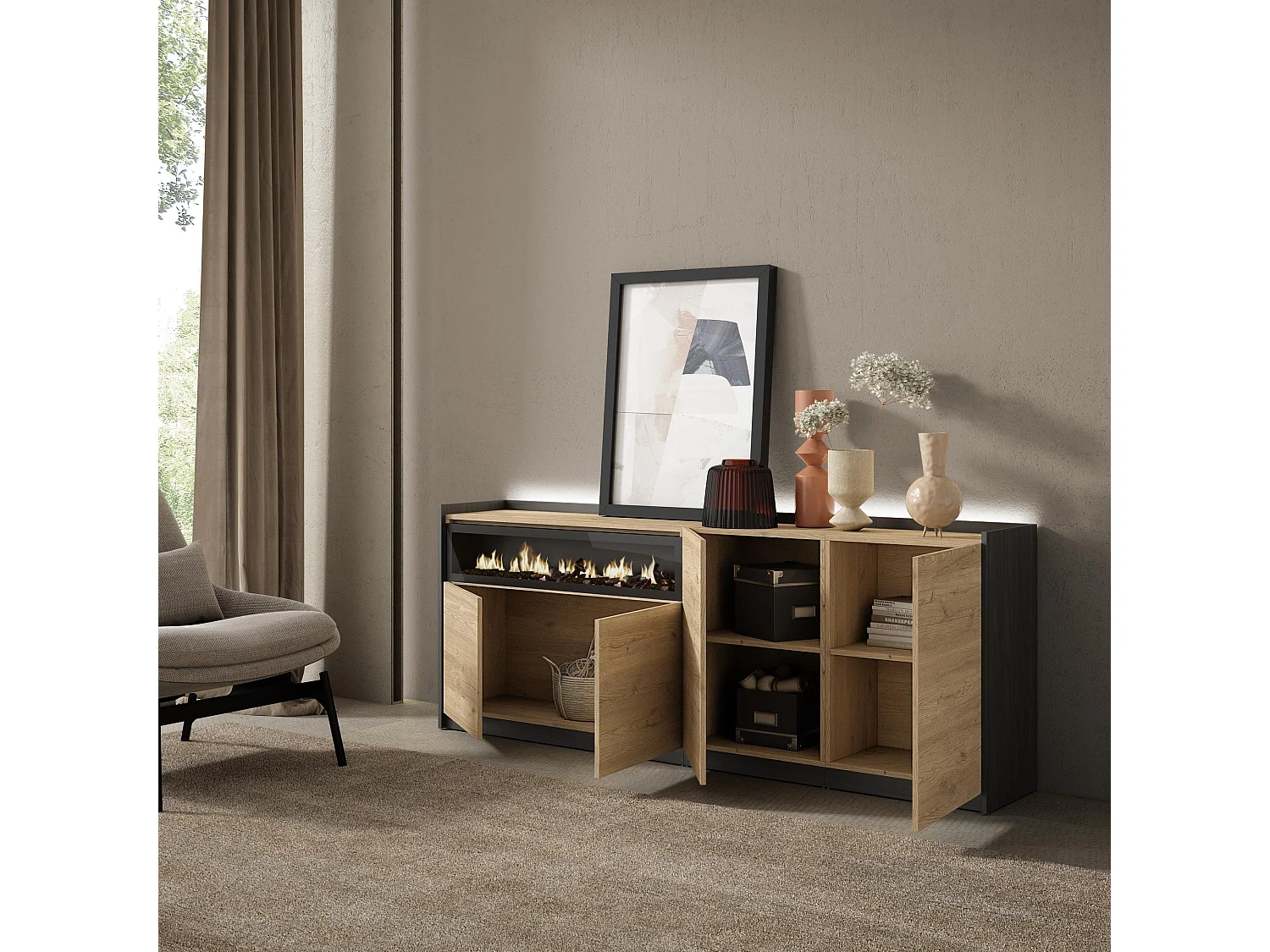 Credenza, Mobile, Cucina, 207x80x37 cm, 4 Porte, Camino elettrico, LED, Rovere e nero