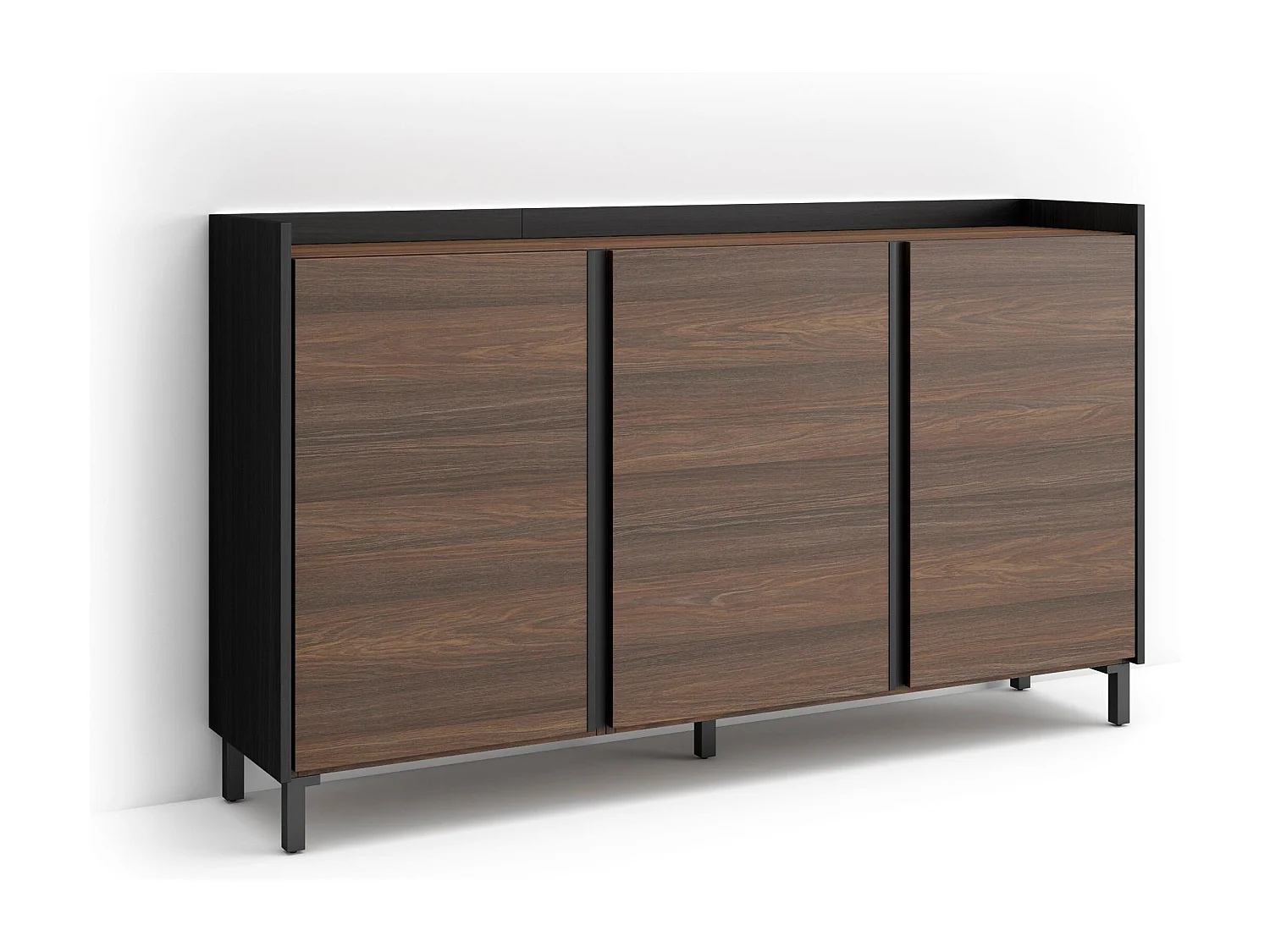Dressoir, Opbergkast, 156x91x35 cm, 3 Deuren, Industrieel design, LED, Donkere eik en Zwart