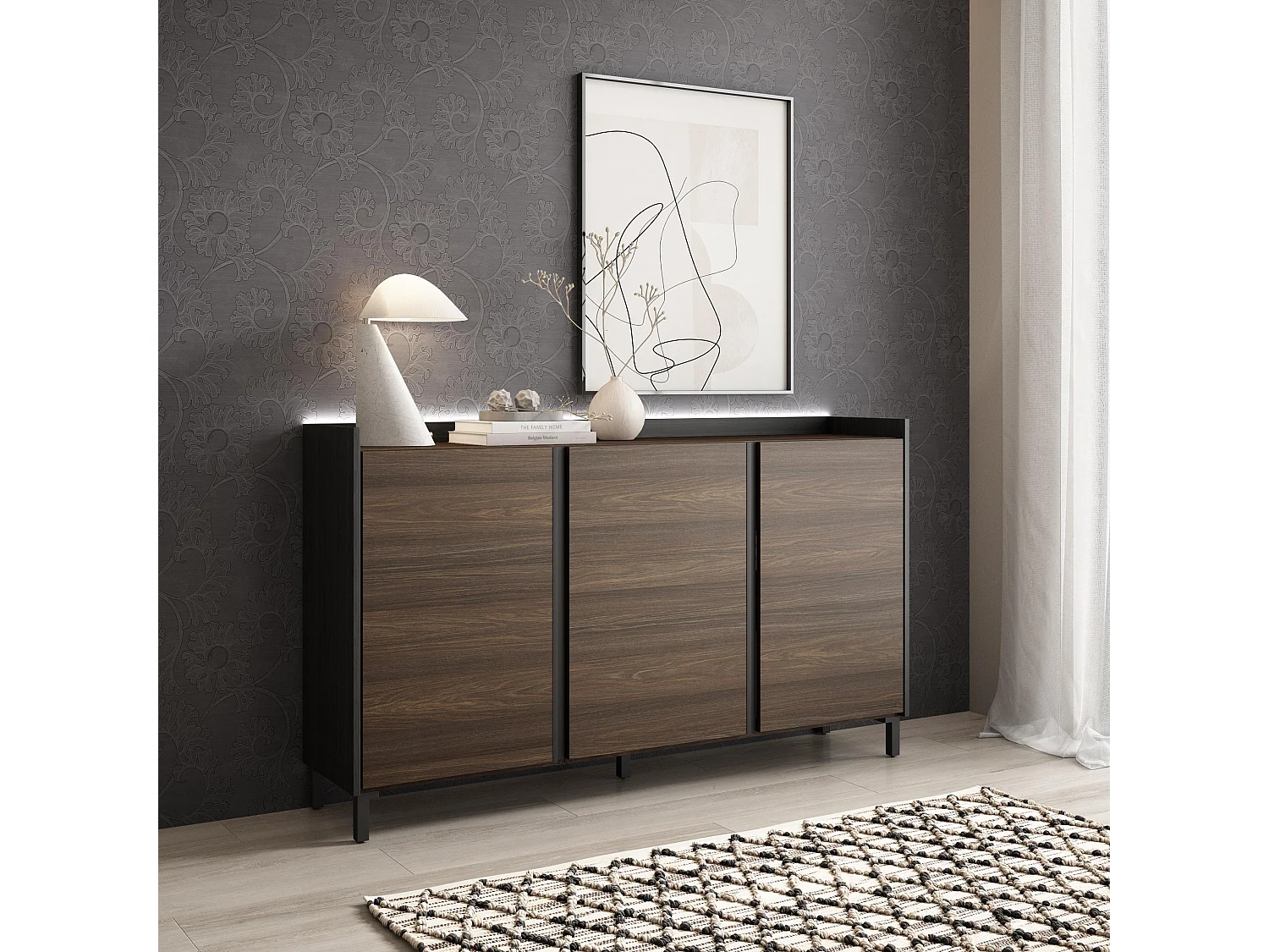 Dressoir, Opbergkast, 156x91x35 cm, 3 Deuren, Industrieel design, LED, Donkere eik en Zwart