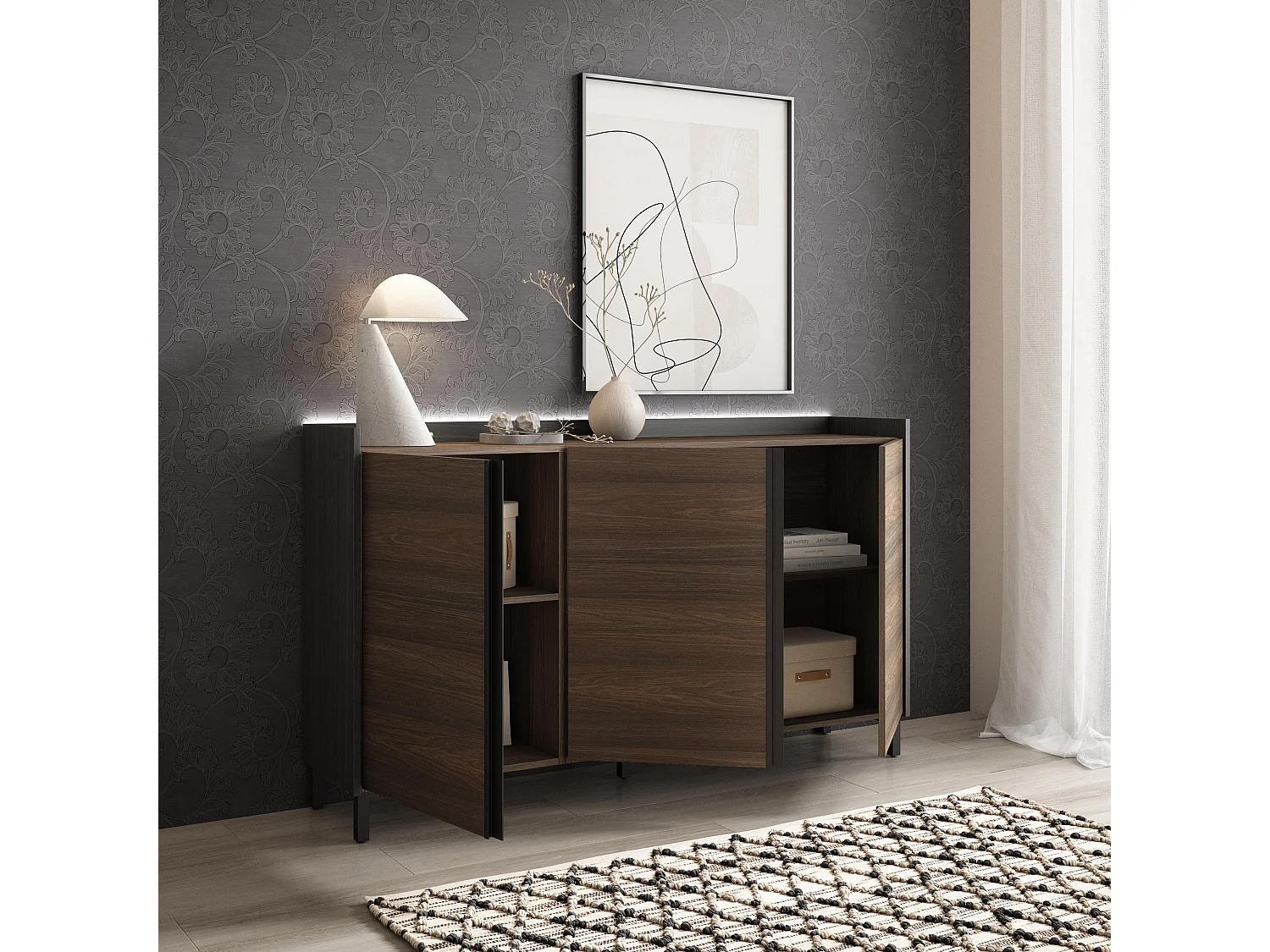 Dressoir, Opbergkast, 156x91x35 cm, 3 Deuren, Industrieel design, LED, Donkere eik en Zwart