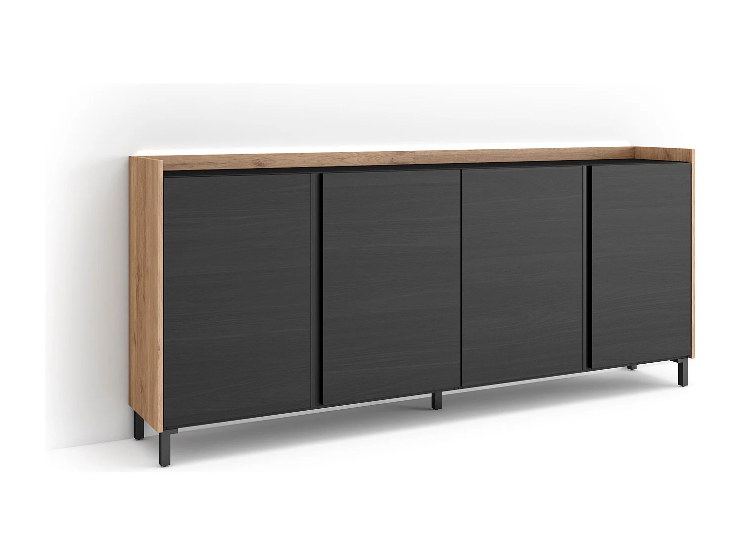 Dressoir, Opbergkast, 207x91x35 cm, 4 Deuren, Industrieel design, LED, Zwart/Eiken