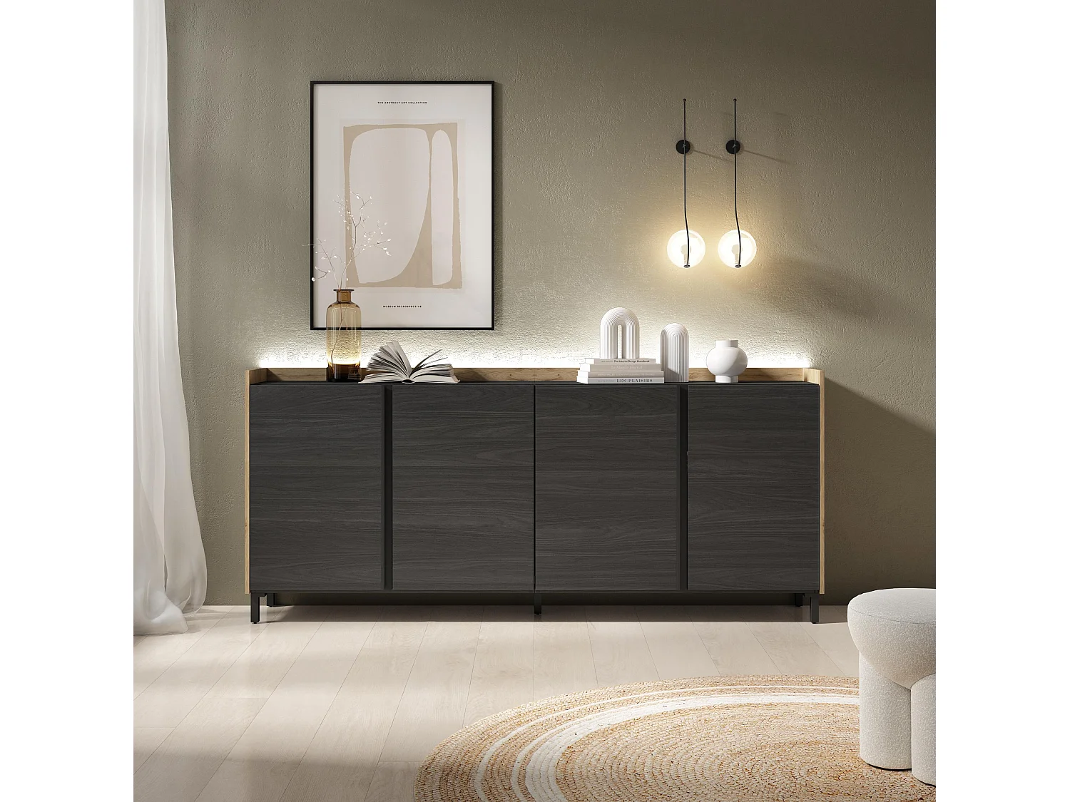 Dressoir, Opbergkast, 207x91x35 cm, 4 Deuren, Industrieel design, LED, Zwart/Eiken