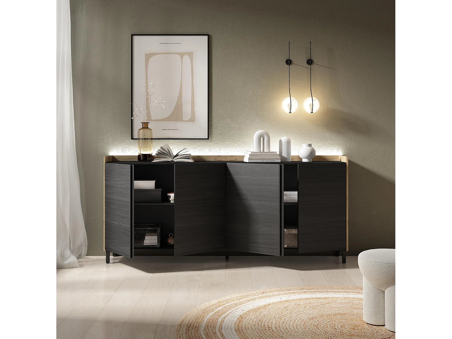 Dressoir, Opbergkast, 207x91x35 cm, 4 Deuren, Industrieel design, LED, Zwart/Eiken