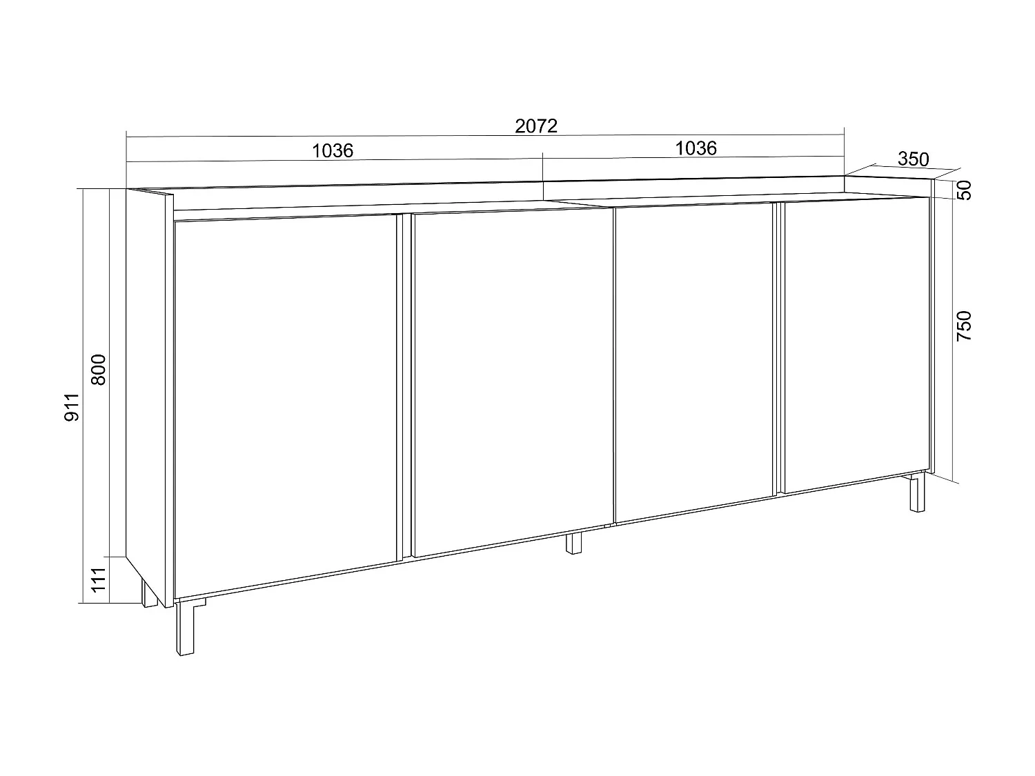 Dressoir, Opbergkast, 207x91x35 cm, 4 Deuren, Industrieel design, LED, Zwart/Eiken