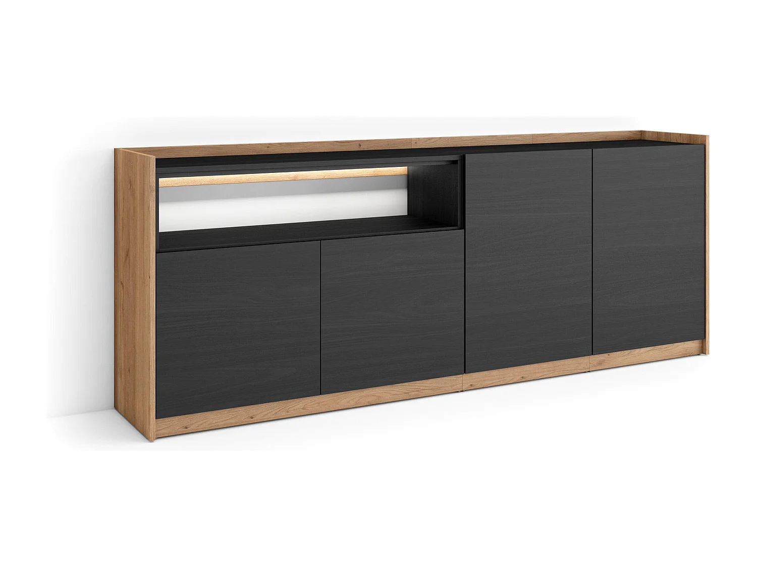 Credenza, Mobile, Cucina, 207x80x37 cm, 4 Porte, LED, Nero e rovere