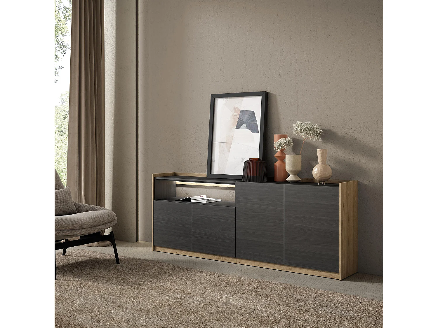 Credenza, Mobile, Cucina, 207x80x37 cm, 4 Porte, LED, Nero e rovere