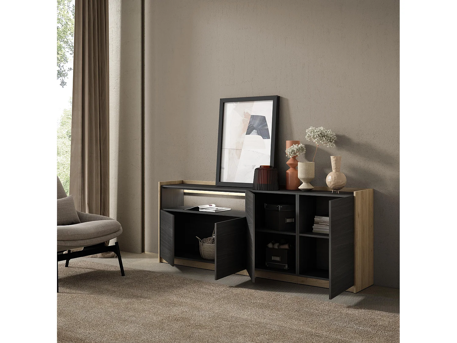 Credenza, Mobile, Cucina, 207x80x37 cm, 4 Porte, LED, Nero e rovere
