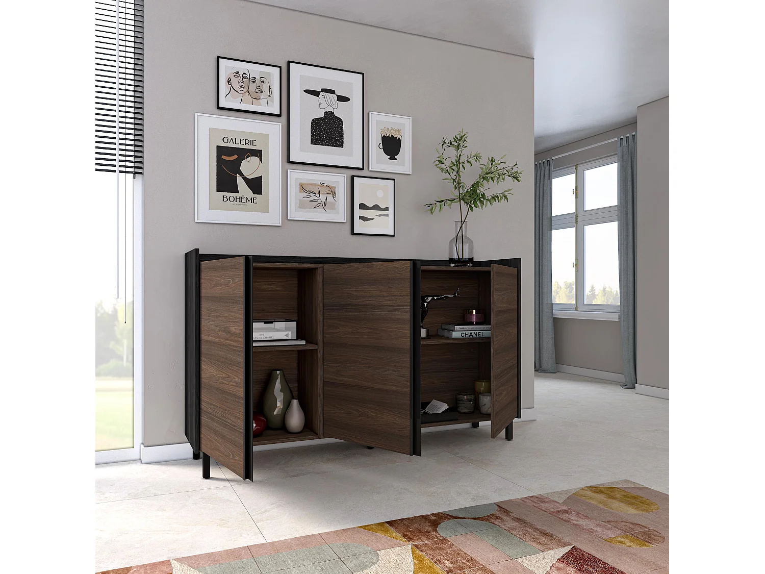 Dressoir, Opbergkast, 156x91x35 cm, 3 Deuren, Industrieel design, Donkere eik en Zwart