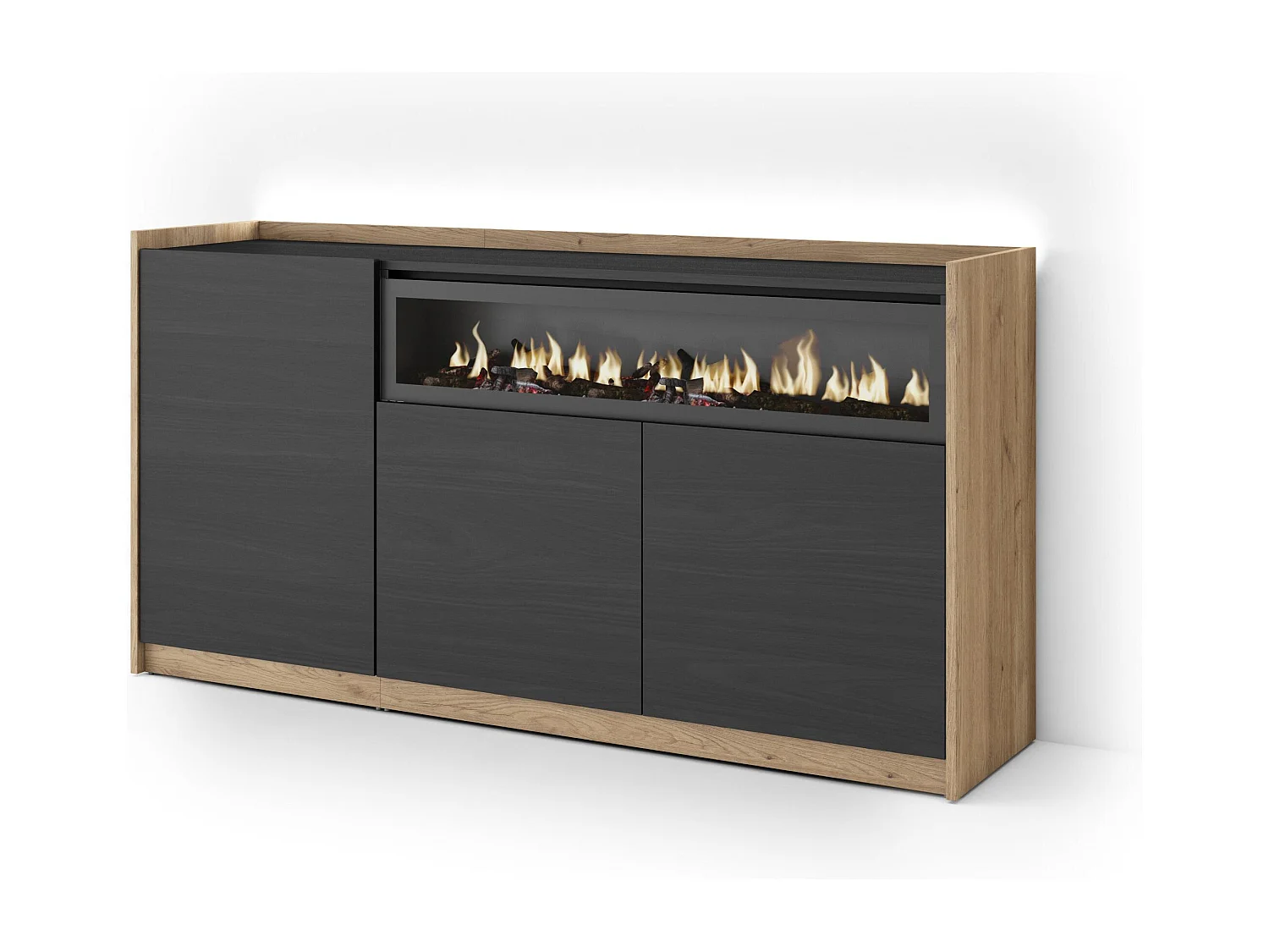 Credenza, Mobile, Cucina, 156x80x37 cm, 3 Porte, Camino elettrico, LED, Nero e rovere