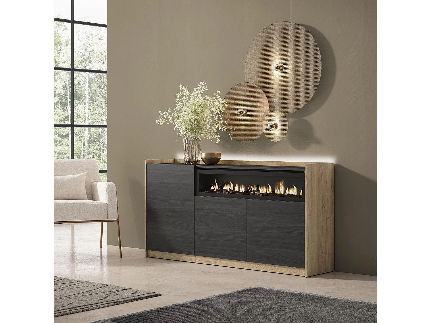 Credenza, Mobile, Cucina, 156x80x37 cm, 3 Porte, Camino elettrico, LED, Nero e rovere
