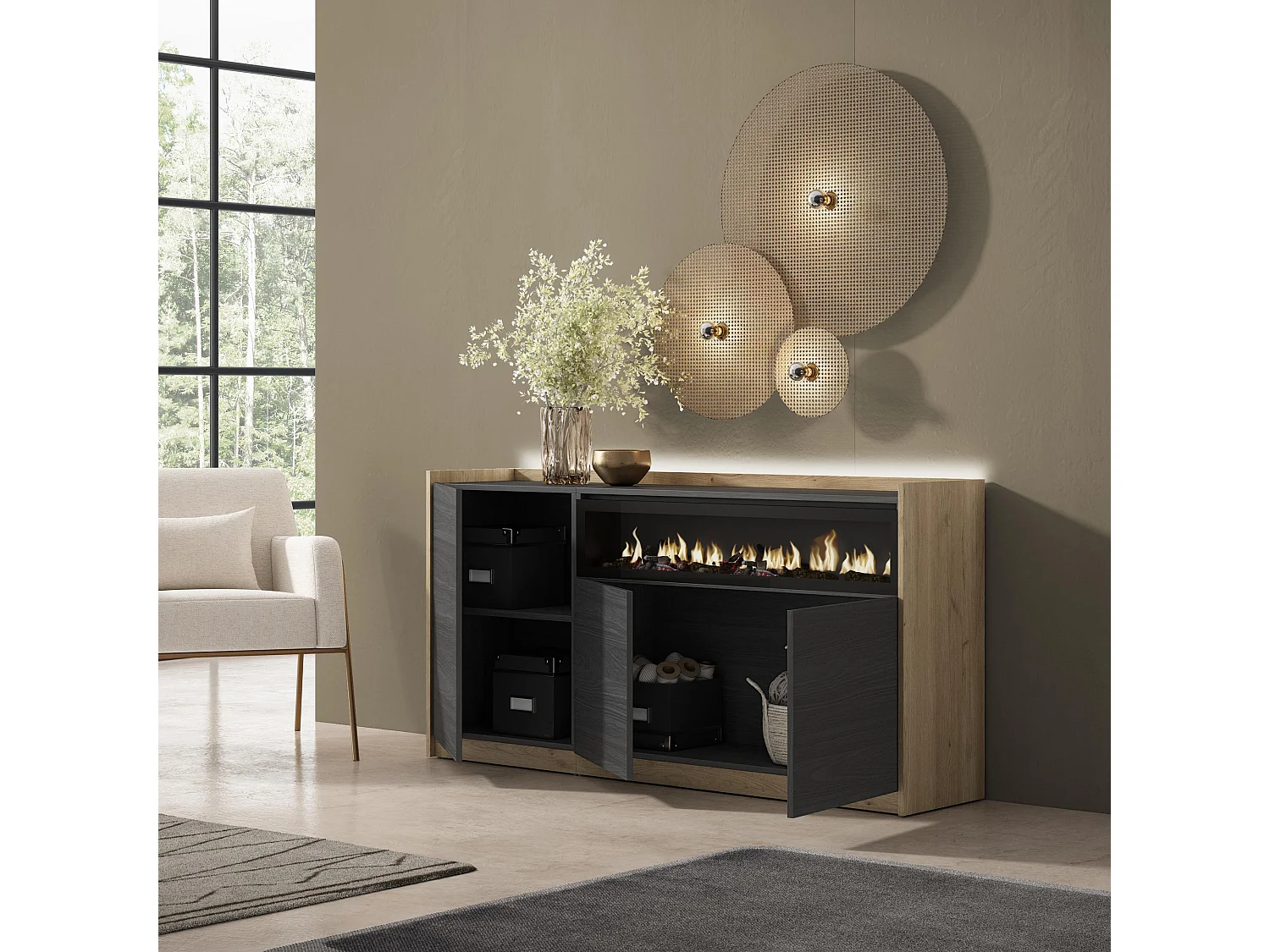 Credenza, Mobile, Cucina, 156x80x37 cm, 3 Porte, Camino elettrico, LED, Nero e rovere