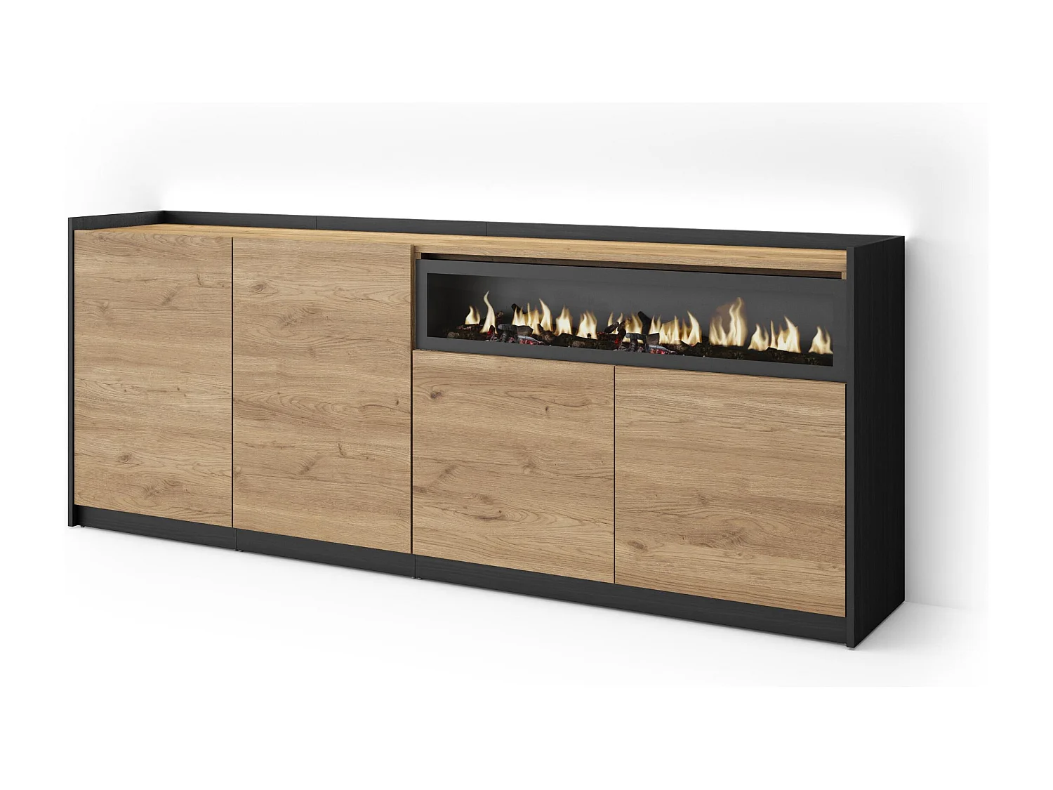 Credenza, Mobile, Cucina, 207x80x37 cm, 4 Porte, Camino elettrico, LED, Rovere e nero