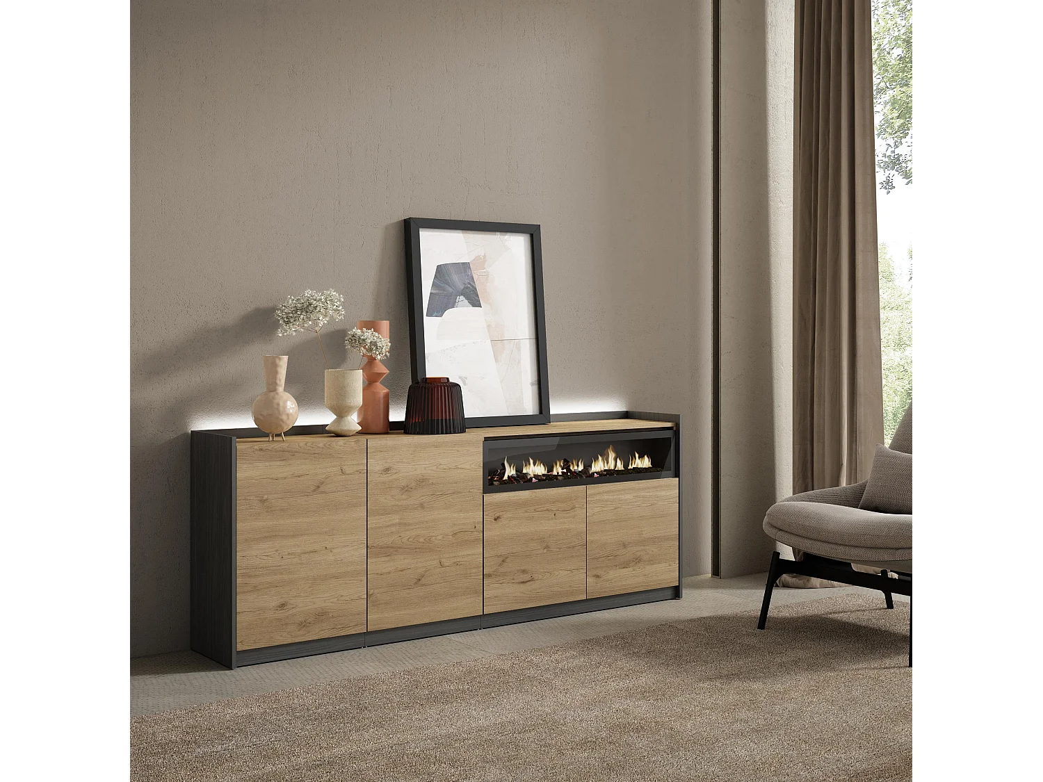 Credenza, Mobile, Cucina, 207x80x37 cm, 4 Porte, Camino elettrico, LED, Rovere e nero