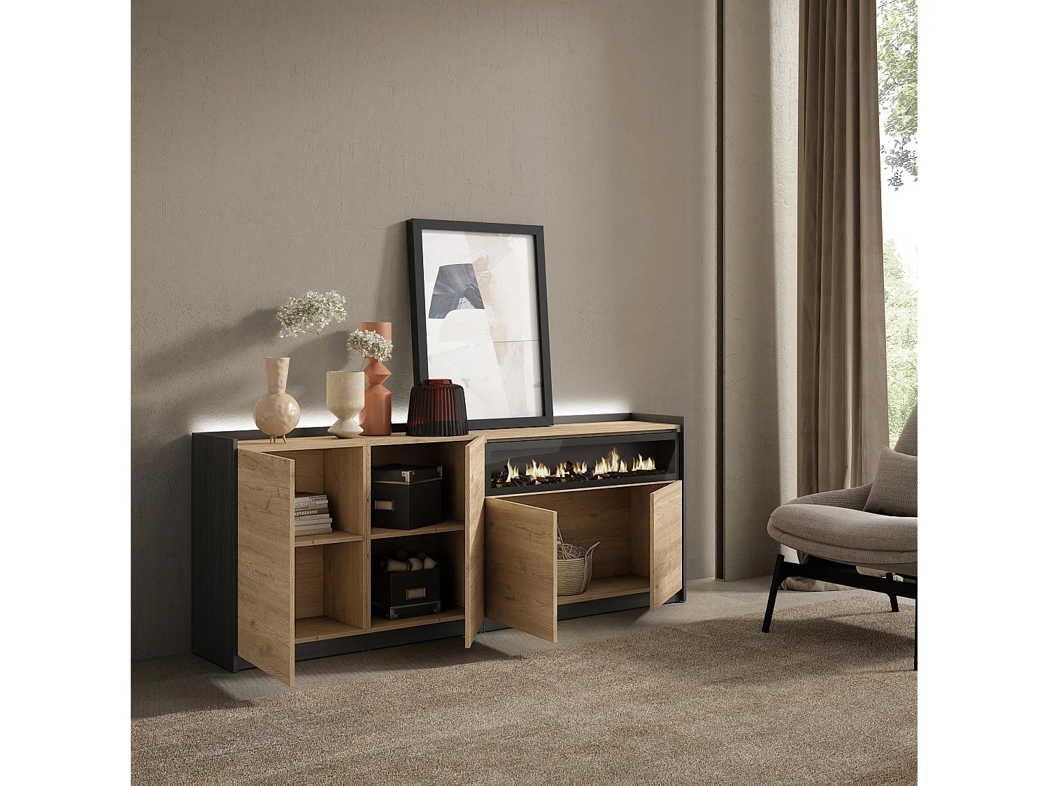 Credenza, Mobile, Cucina, 207x80x37 cm, 4 Porte, Camino elettrico, LED, Rovere e nero