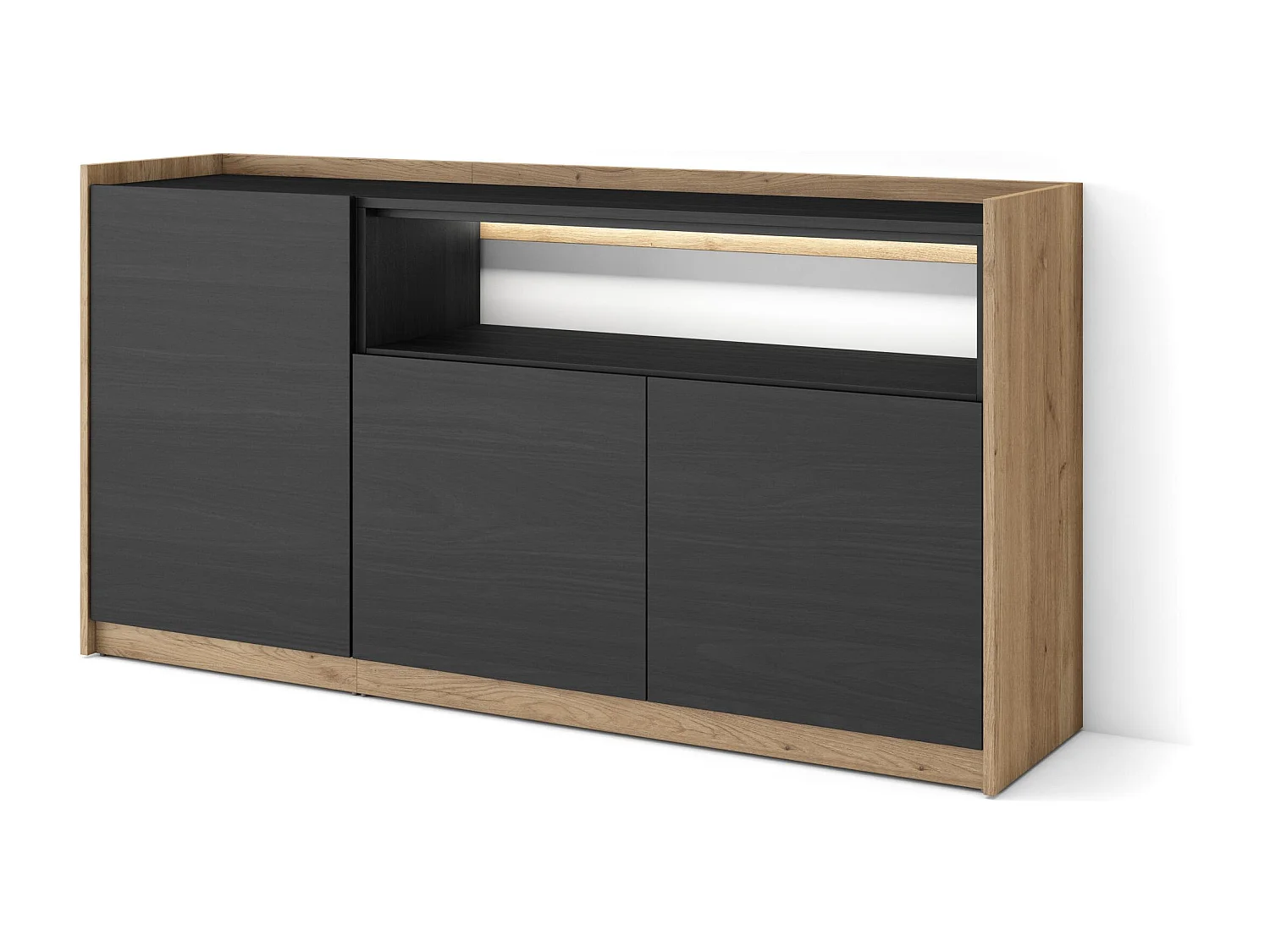 Credenza, Mobile, Cucina, 156x80x37 cm, 3 Porte, LED, Nero e rovere