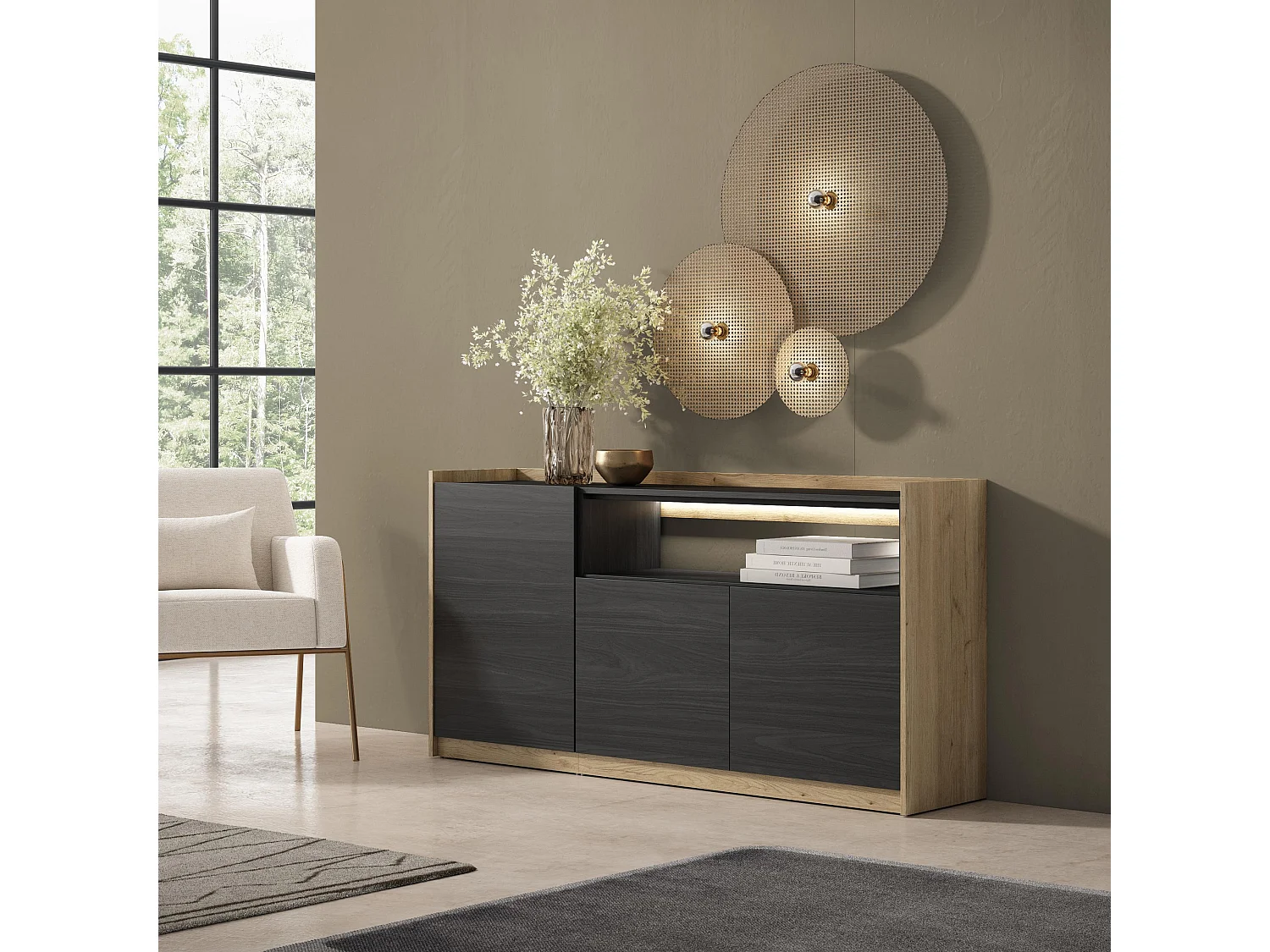 Credenza, Mobile, Cucina, 156x80x37 cm, 3 Porte, LED, Nero e rovere
