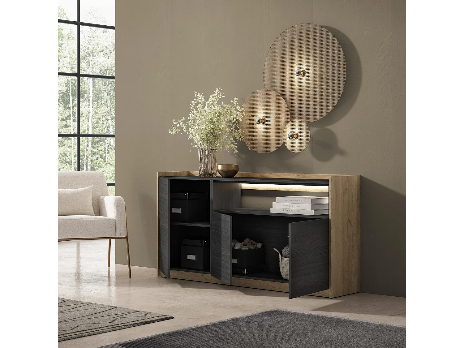 Credenza, Mobile, Cucina, 156x80x37 cm, 3 Porte, LED, Nero e rovere