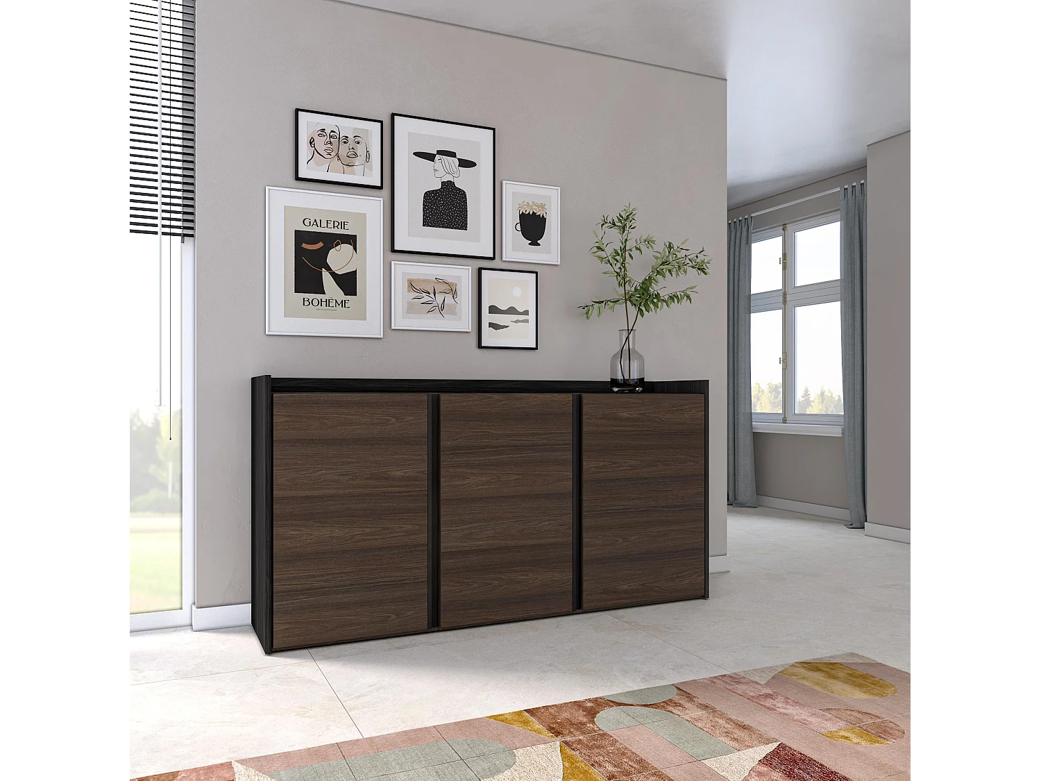 Aparador sala de jantar, 156x80x35 cm, 3 Portas, Armário arrumação, Carvalho escuro e Preto