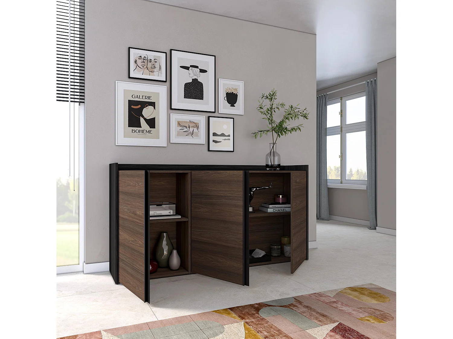 Aparador sala de jantar, 156x80x35 cm, 3 Portas, Armário arrumação, Carvalho escuro e Preto