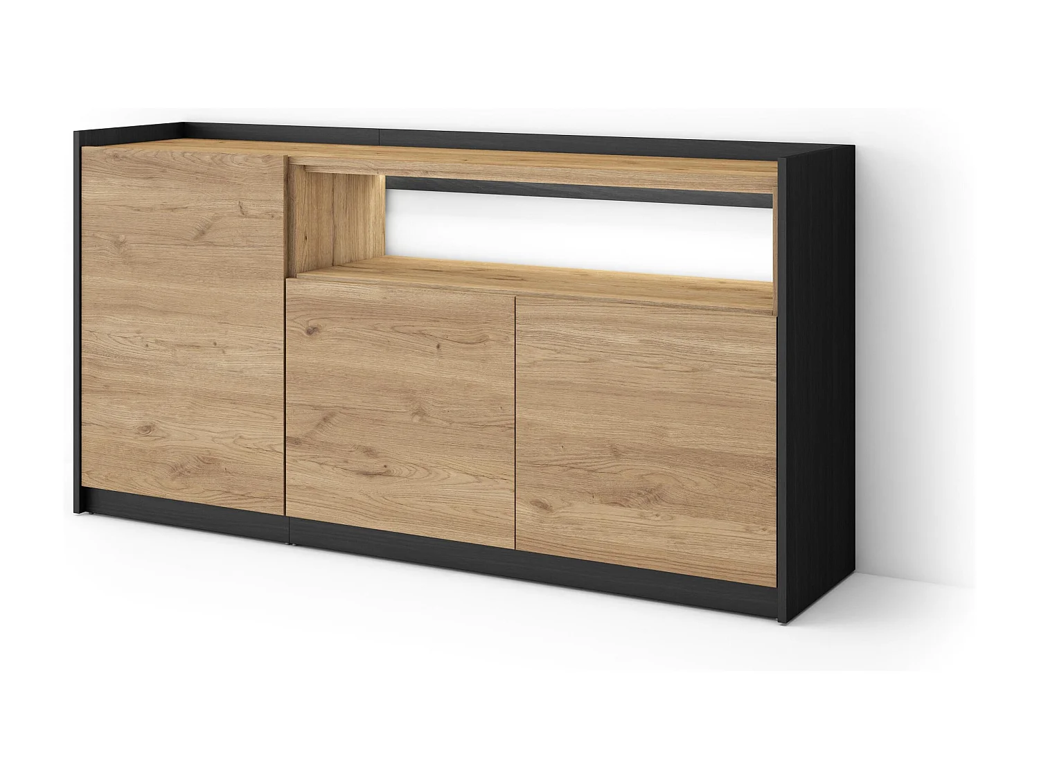 Credenza, Mobile, Cucina, 156x80x37 cm, 3 Porte, LED, Rovere e nero