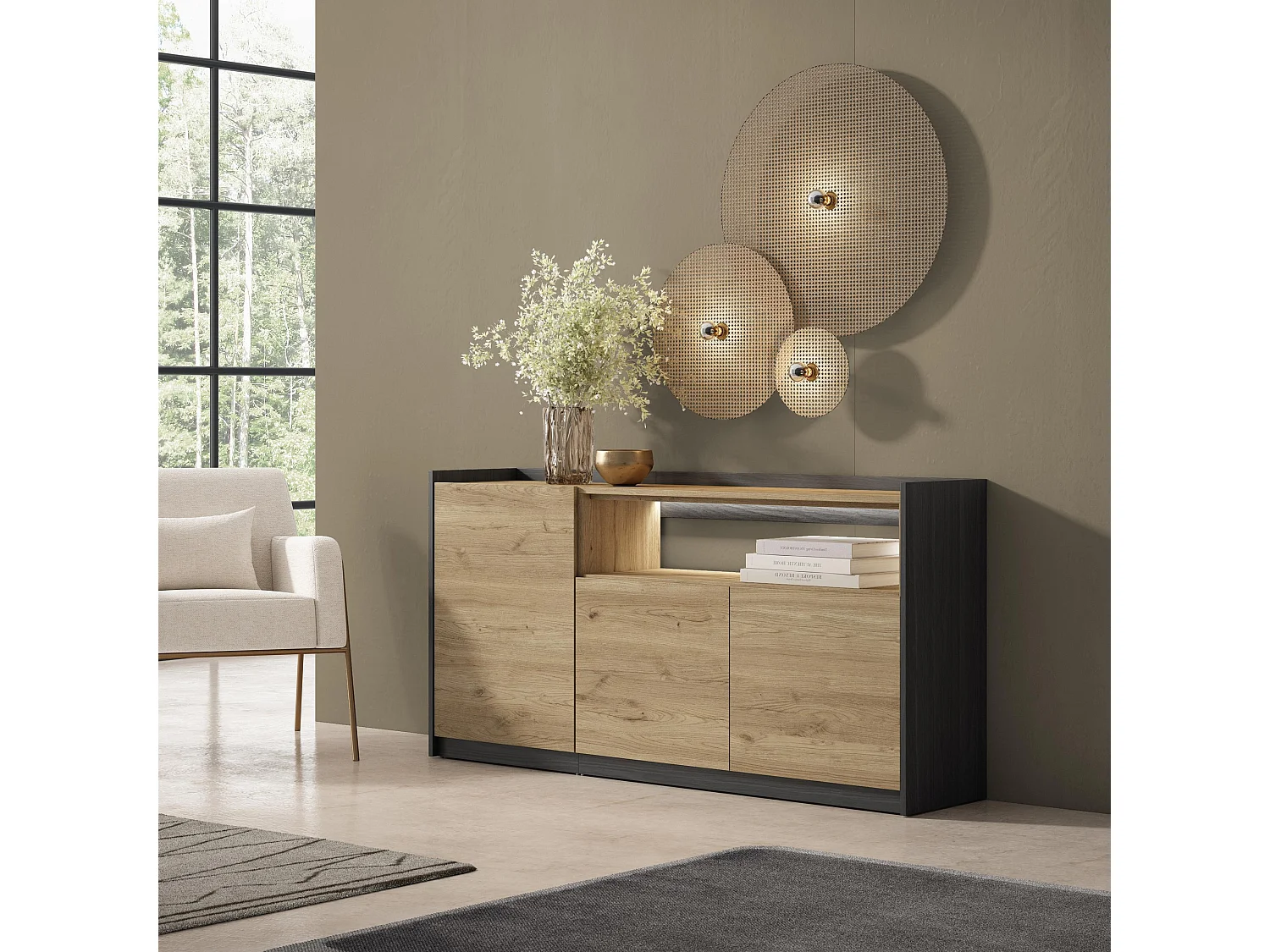 Credenza, Mobile, Cucina, 156x80x37 cm, 3 Porte, LED, Rovere e nero
