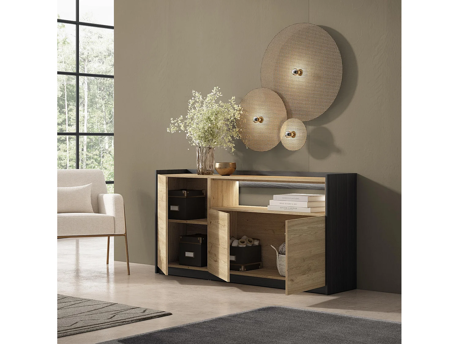 Credenza, Mobile, Cucina, 156x80x37 cm, 3 Porte, LED, Rovere e nero