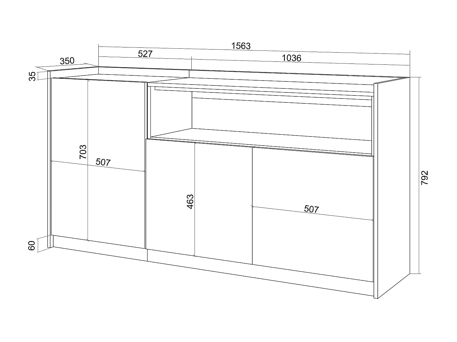 Credenza, Mobile, Cucina, 156x80x37 cm, 3 Porte, LED, Rovere e nero