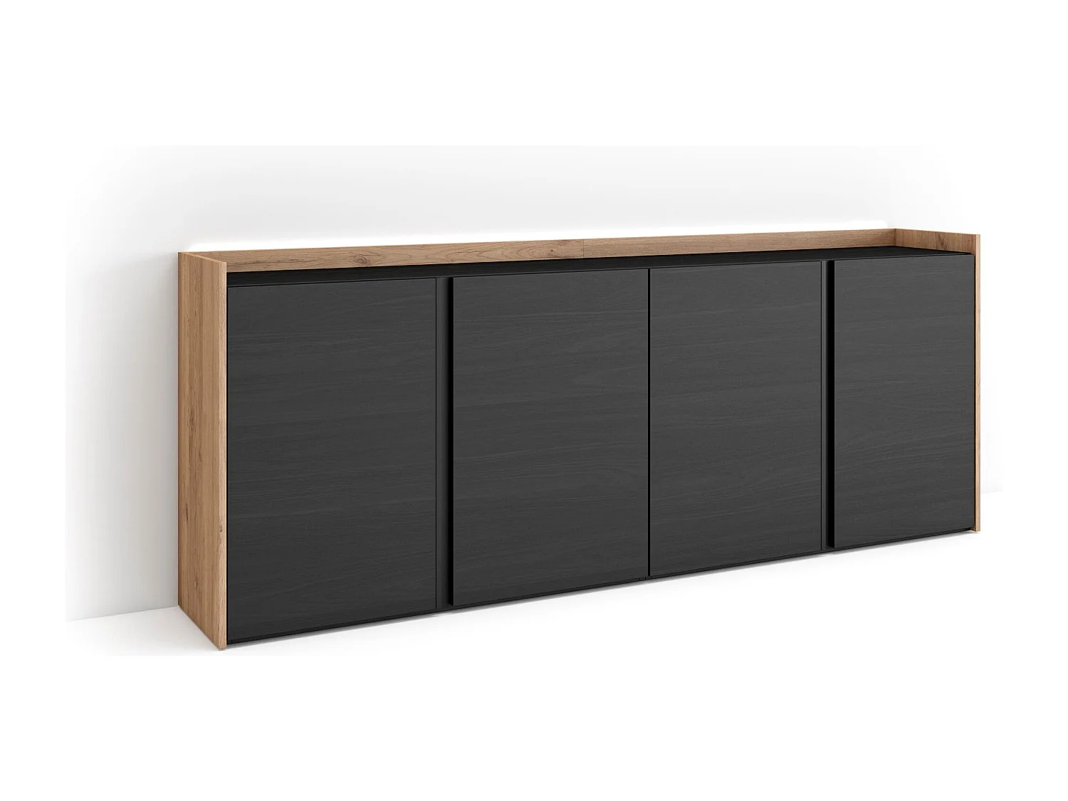 Credenza, Mobile, Cucina, 207x80x35 cm, 4 Porte, LED, Nero e rovere