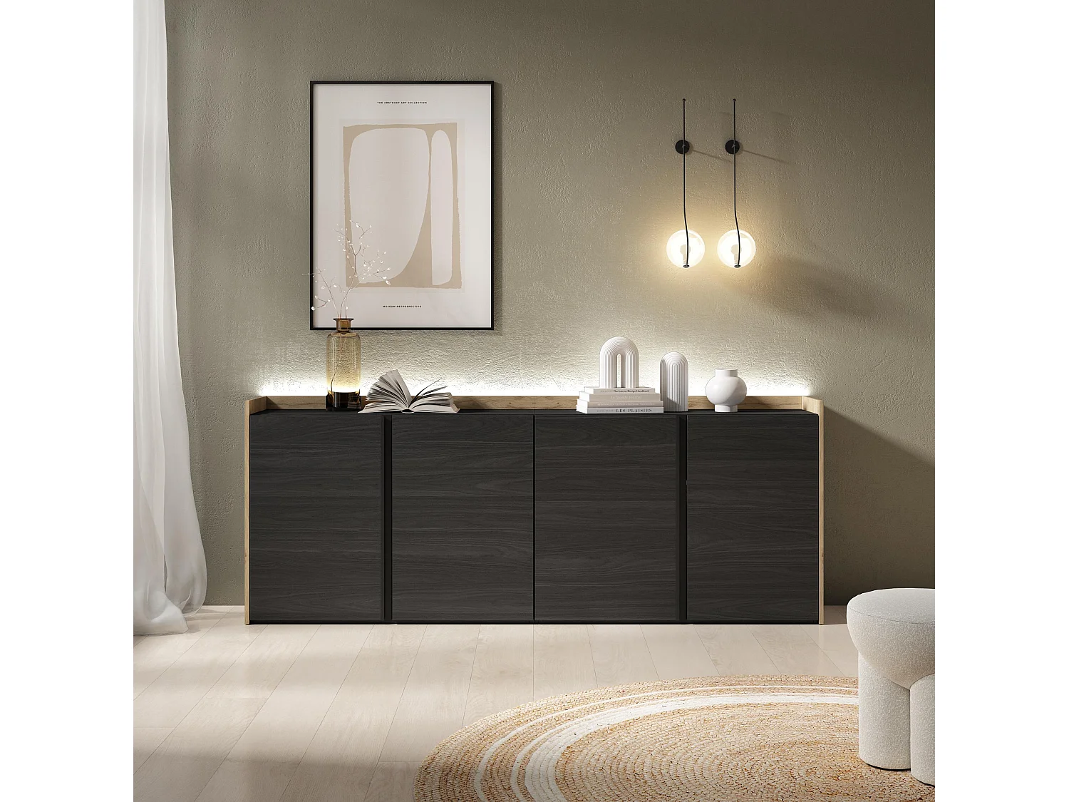 Credenza, Mobile, Cucina, 207x80x35 cm, 4 Porte, LED, Nero e rovere