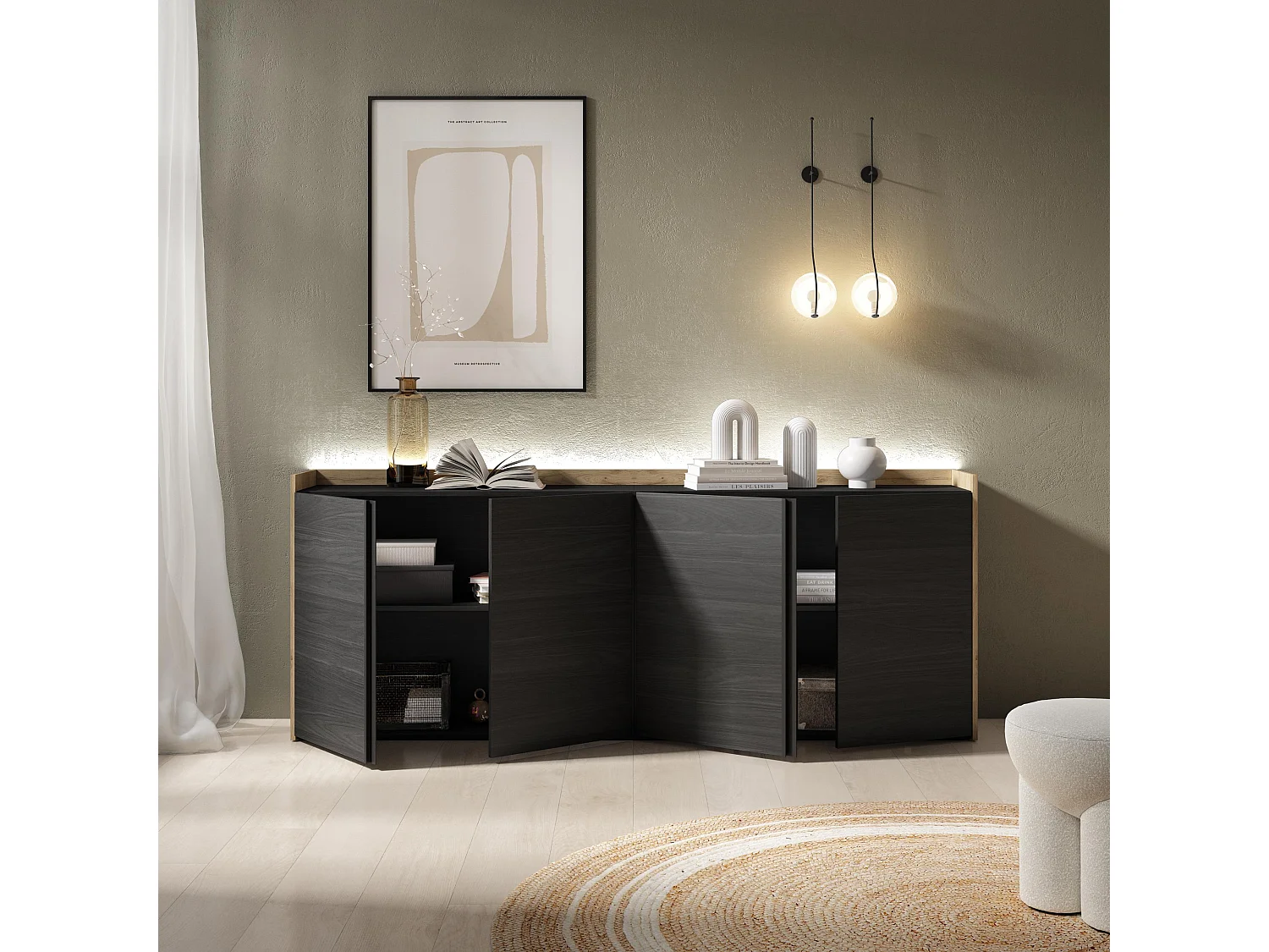 Credenza, Mobile, Cucina, 207x80x35 cm, 4 Porte, LED, Nero e rovere