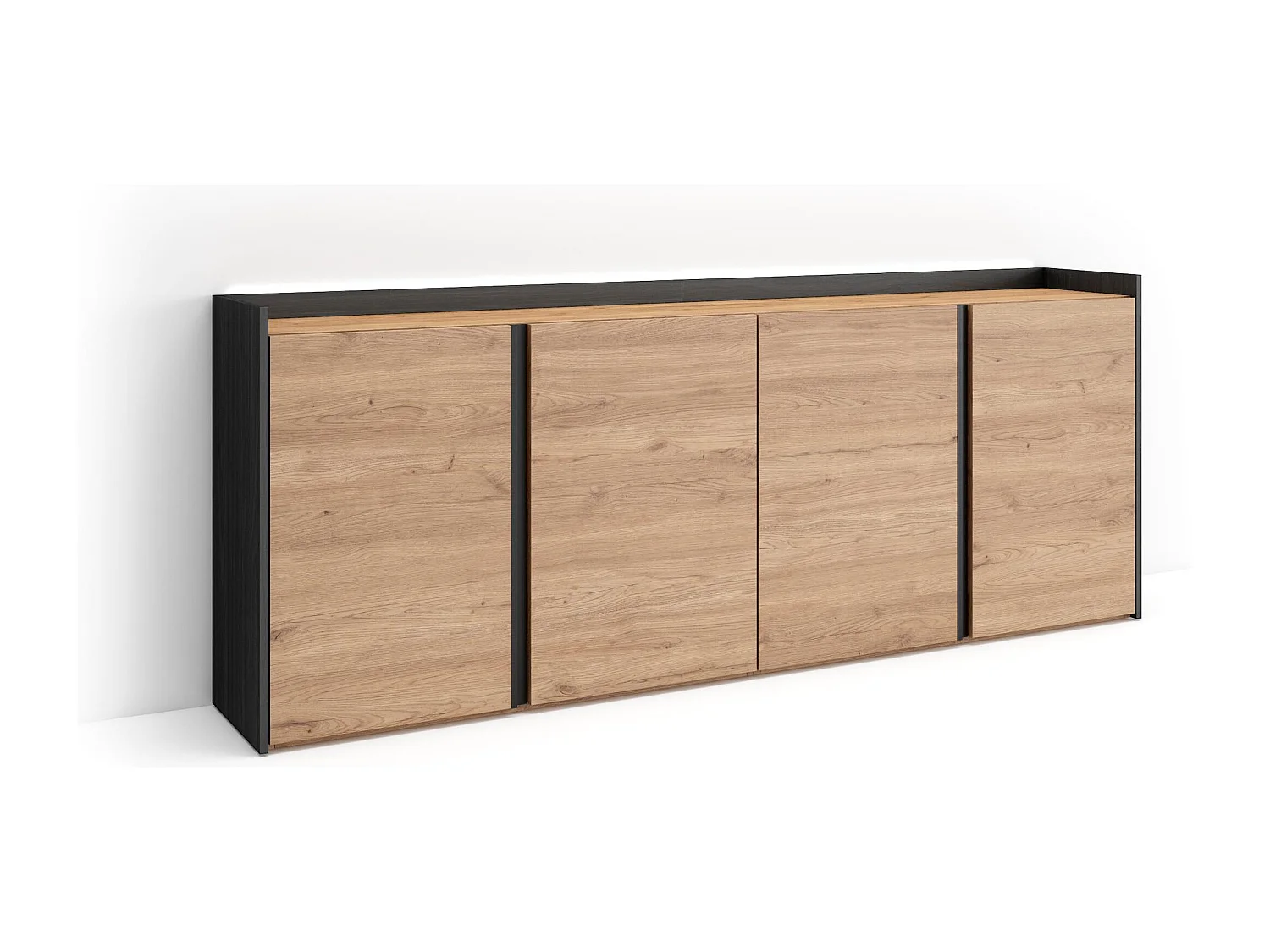 Credenza, Mobile, Cucina, 207x80x35 cm, 4 Porte, LED, Rovere e nero