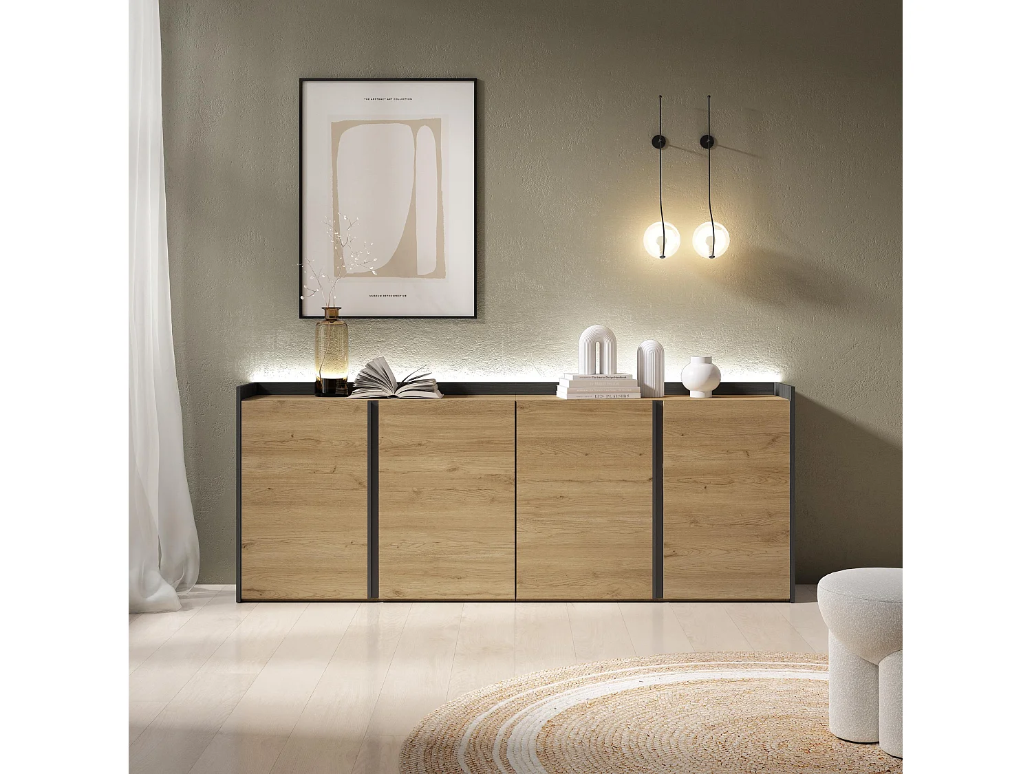 Credenza, Mobile, Cucina, 207x80x35 cm, 4 Porte, LED, Rovere e nero