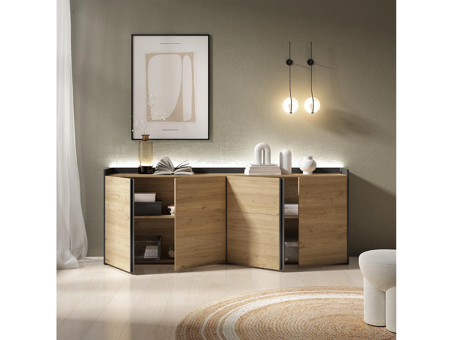 Credenza, Mobile, Cucina, 207x80x35 cm, 4 Porte, LED, Rovere e nero