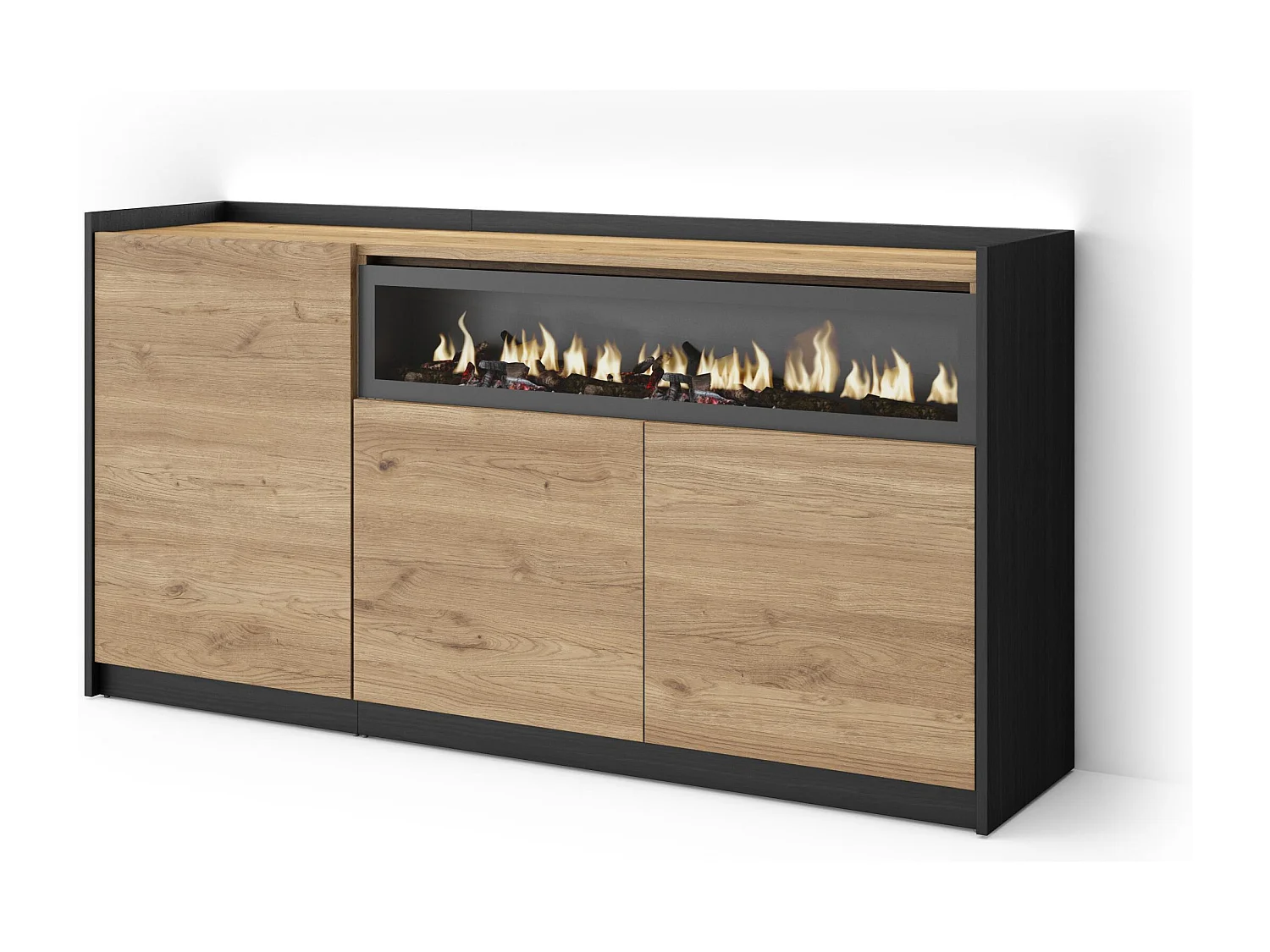 Credenza, Mobile, Cucina, 156x80x37 cm, 3 Porte, Camino elettrico, LED, Rovere e nero