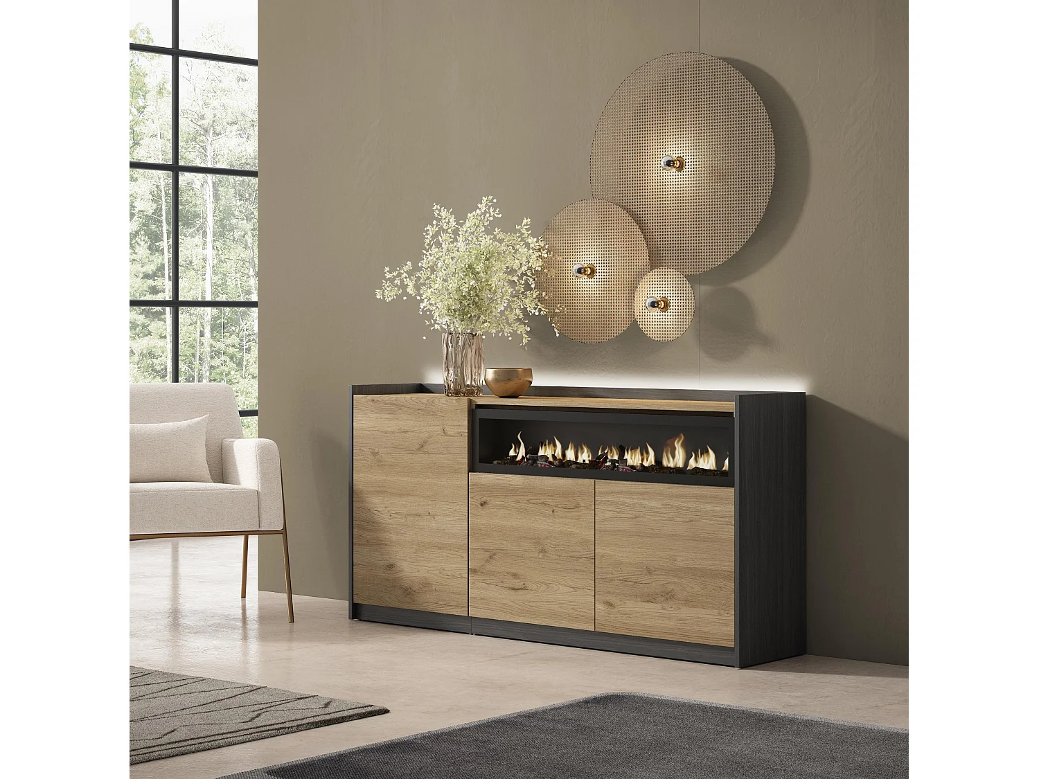 Credenza, Mobile, Cucina, 156x80x37 cm, 3 Porte, Camino elettrico, LED, Rovere e nero