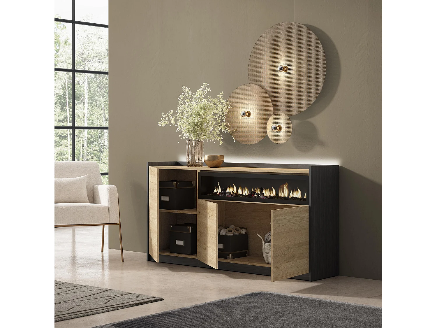 Credenza, Mobile, Cucina, 156x80x37 cm, 3 Porte, Camino elettrico, LED, Rovere e nero