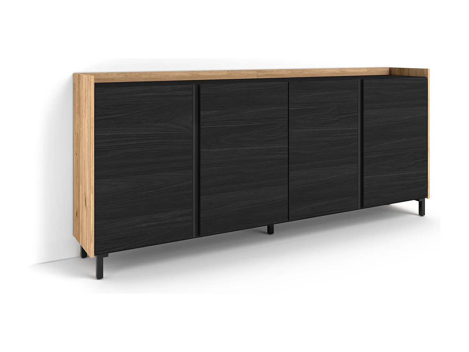 Dressoir, Opbergkast, 207x91x35 cm, 4 Deuren, Industrieel design, Zwart/Eiken