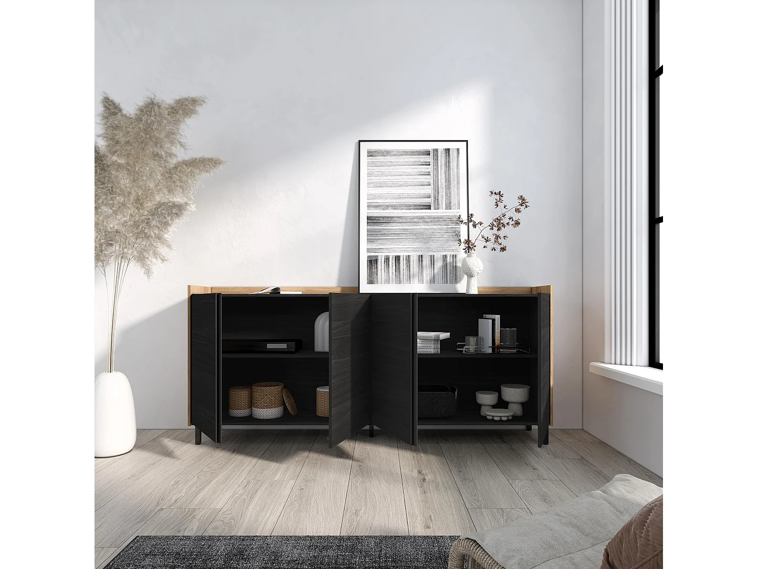 Dressoir, Opbergkast, 207x91x35 cm, 4 Deuren, Industrieel design, Zwart/Eiken