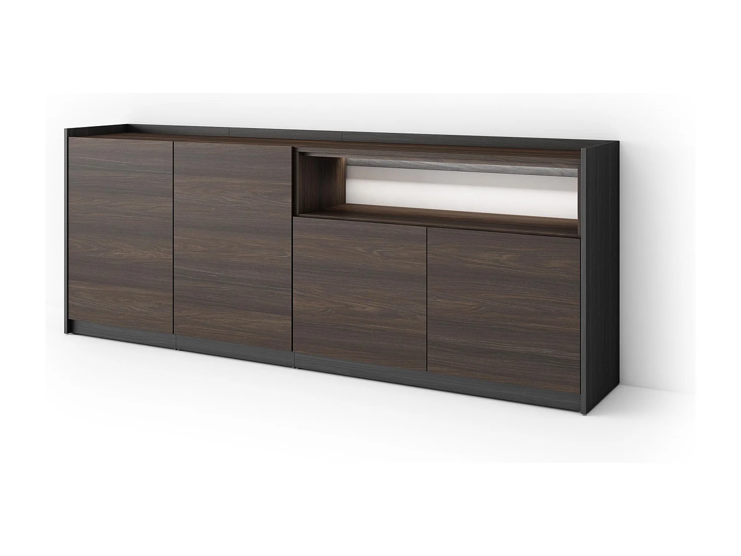 Credenza, Mobile, Cucina, 207x80x37 cm, 4 Porte, LED, Rovere scuro e Nero