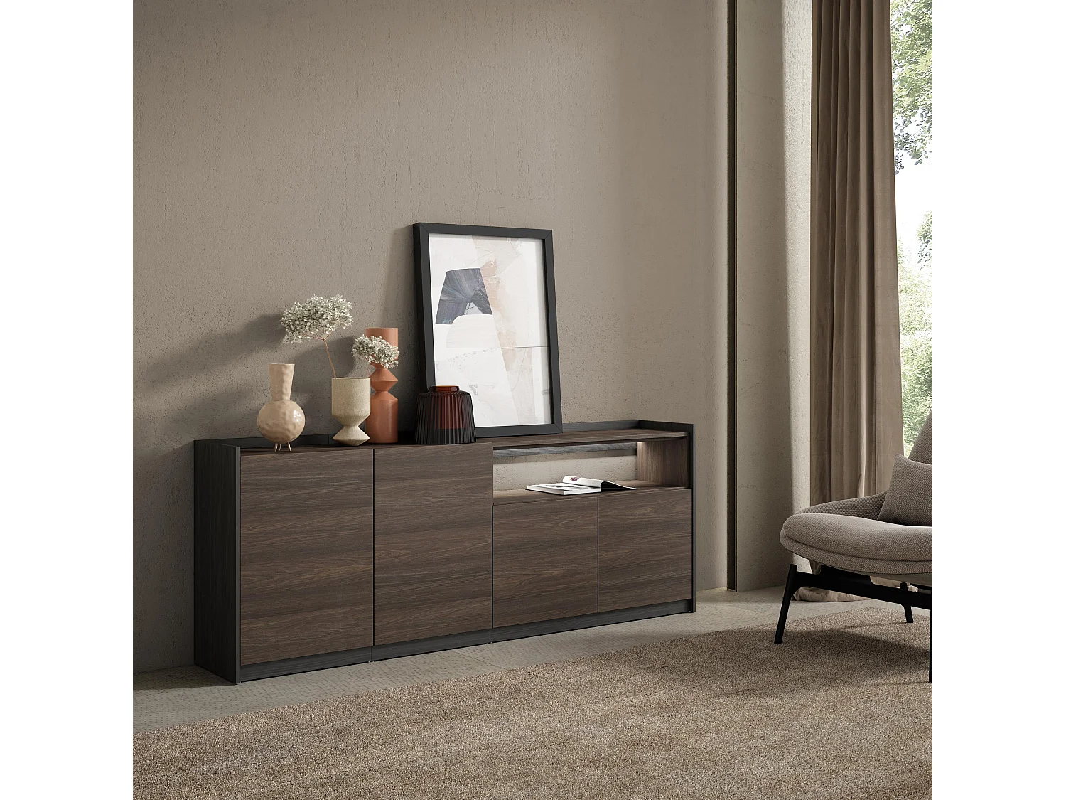 Credenza, Mobile, Cucina, 207x80x37 cm, 4 Porte, LED, Rovere scuro e Nero